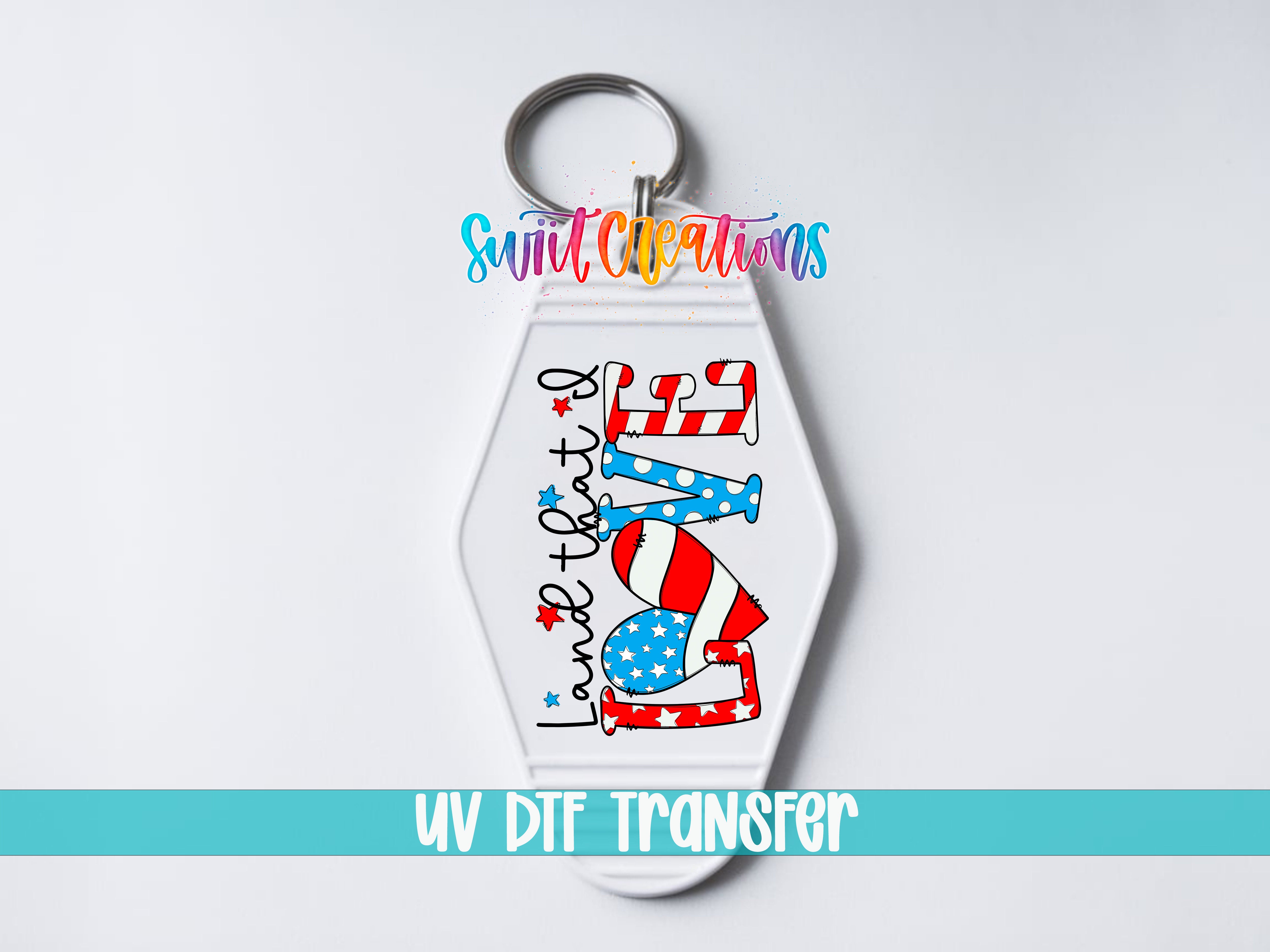 A keychain with a patriotic design featuring the word "LOVE" in red, white, and blue colors, along with an American flag pattern.
