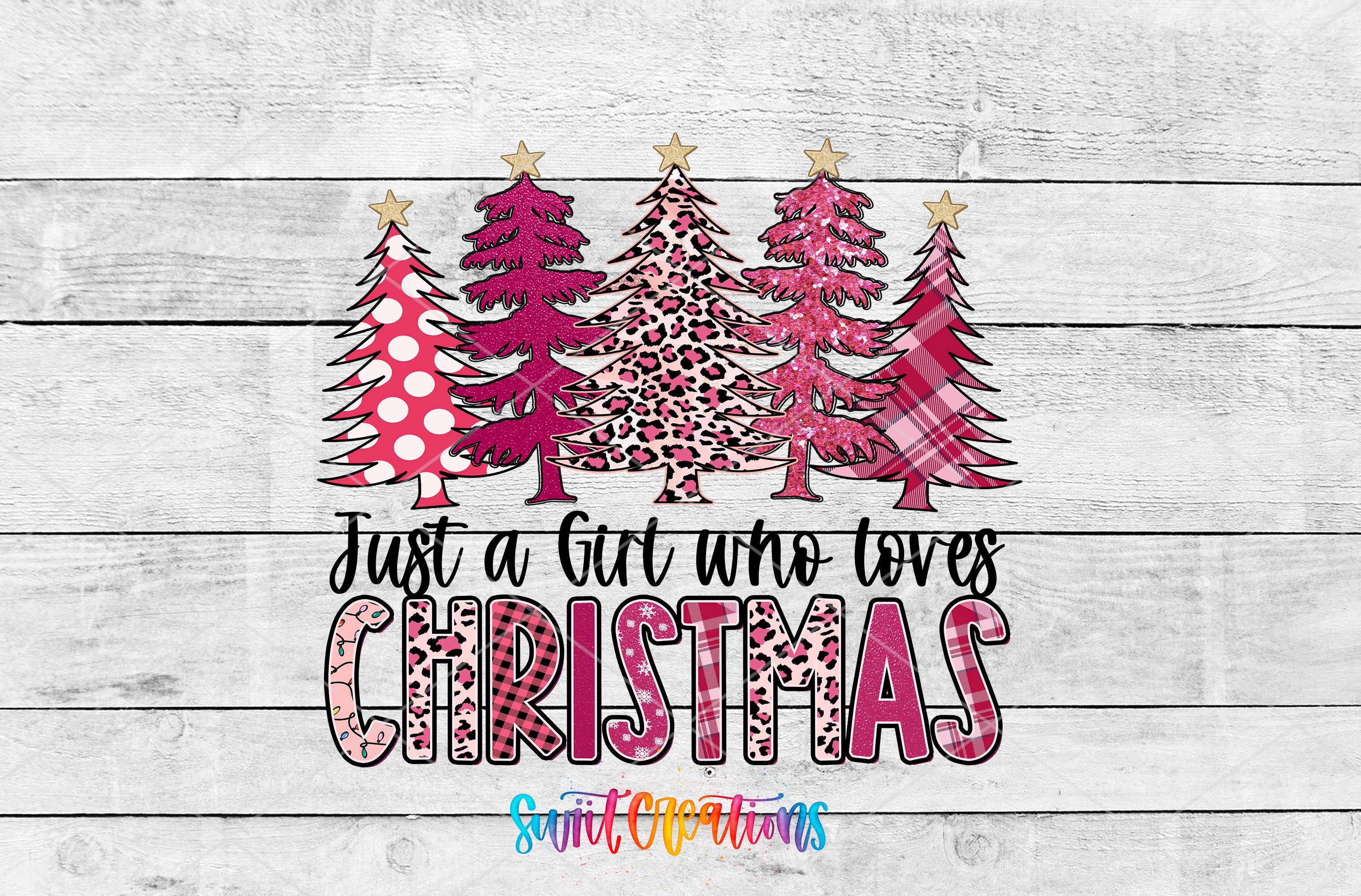 A collage of Christmas trees in various colors and patterns, along with the text "Just a Girl who loves Christmas" and a small logo at the bottom.