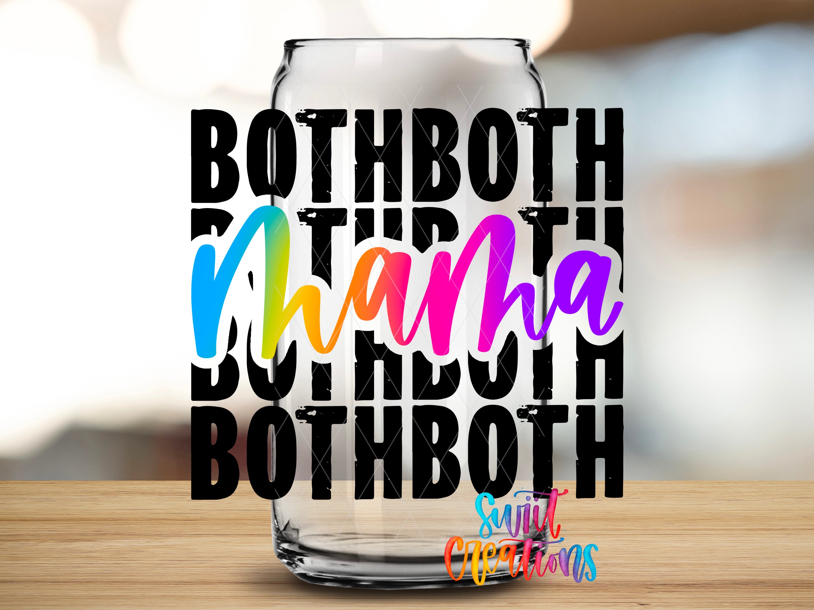 a glass jar with the text "Both both both" written on it in a colorful, stylized font.