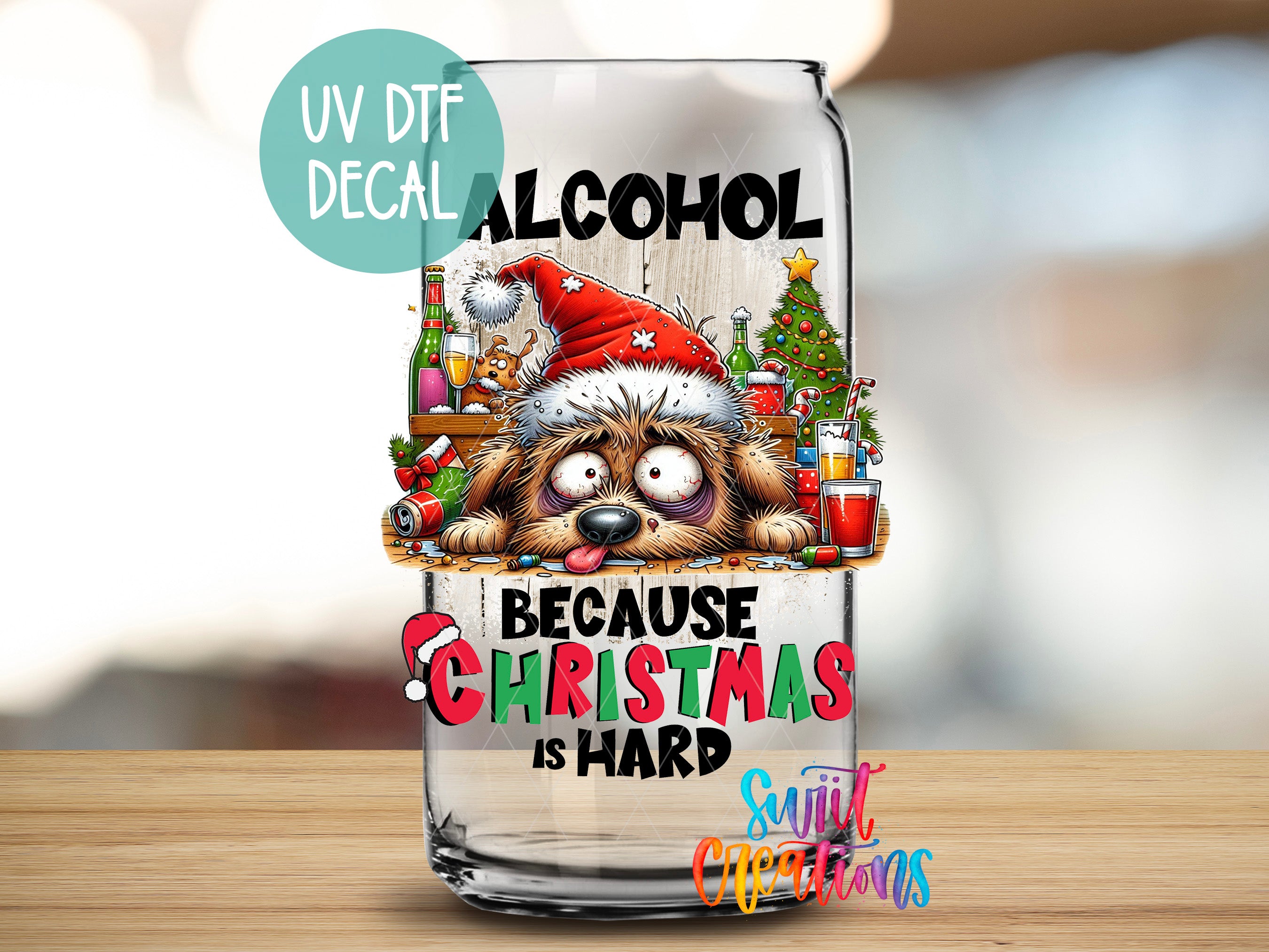 a glass with a picture of a dog wearing a santa hat
