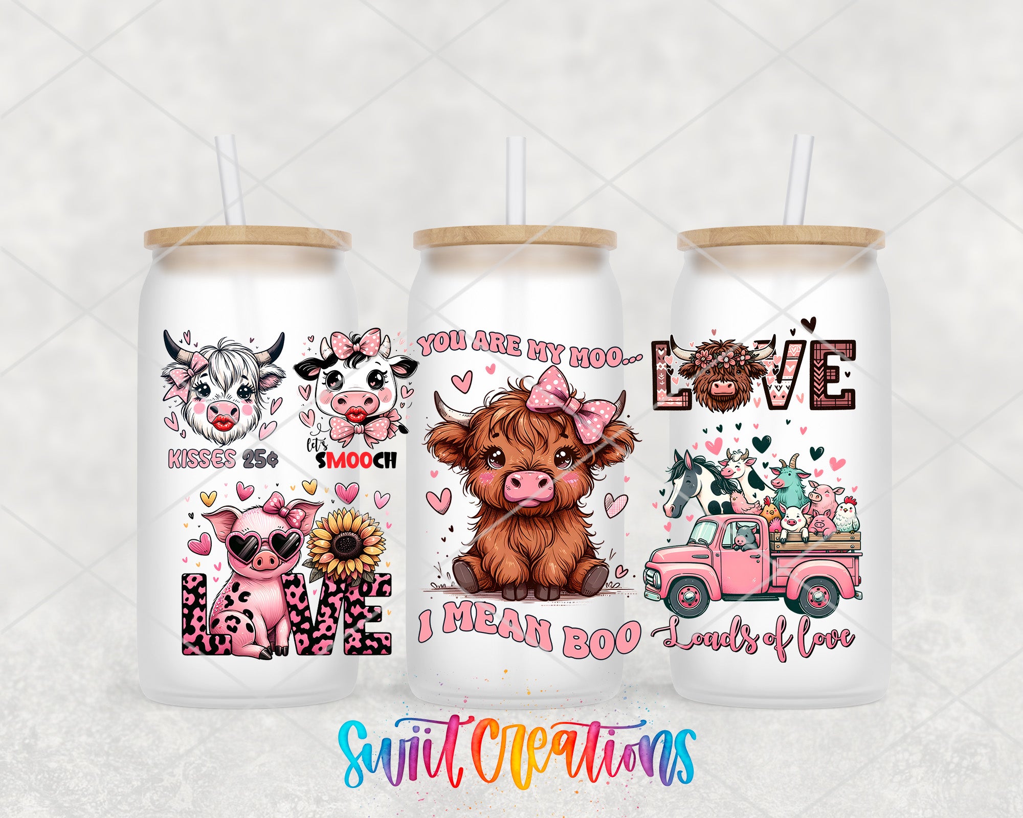 three white tumblers with illustrations of cows and a truck, along with the text "LOVE" and "I MEAN BOO" printed on them.