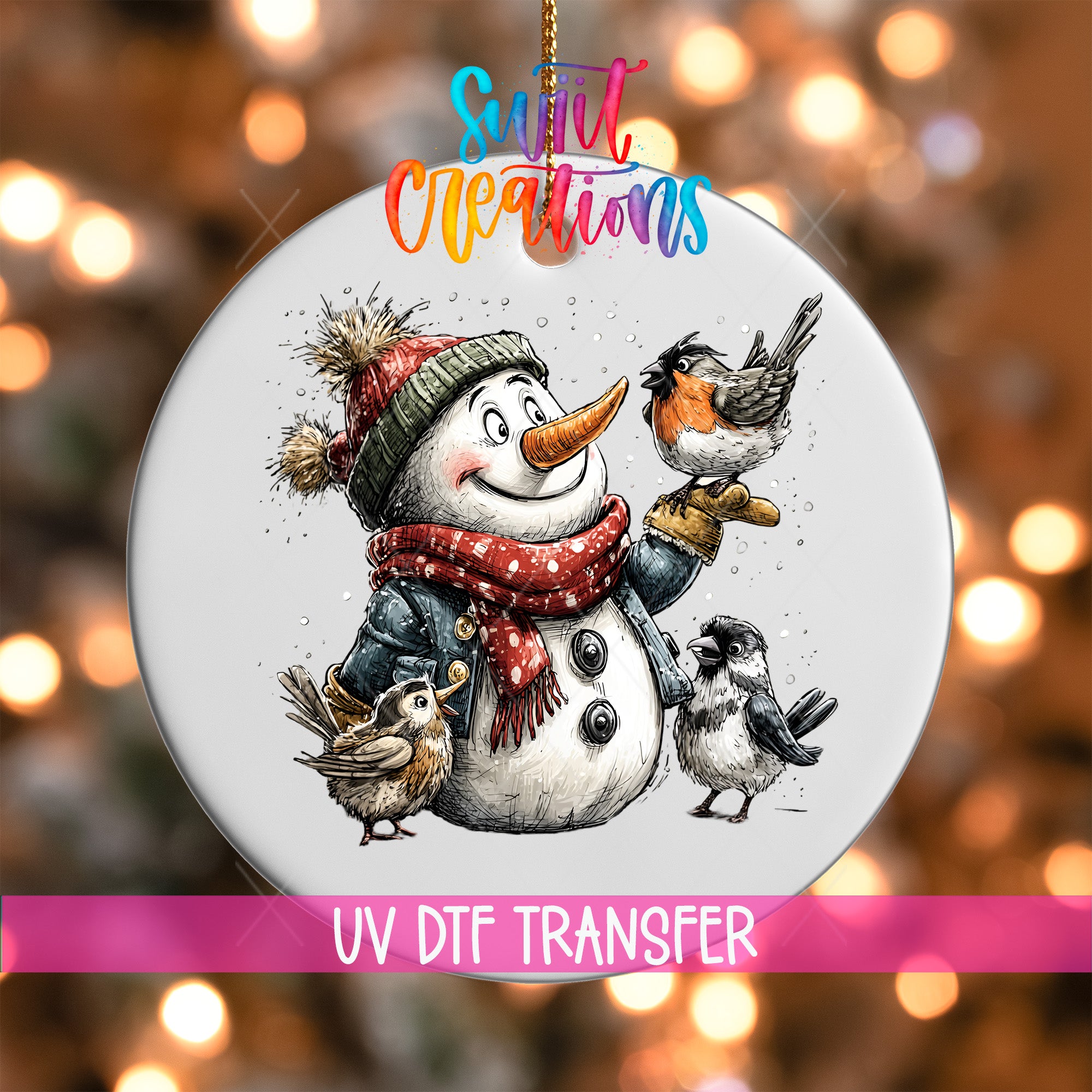 A snowman ornament with a bird perched on its hand, surrounded by other birds, against a background of colorful lights.