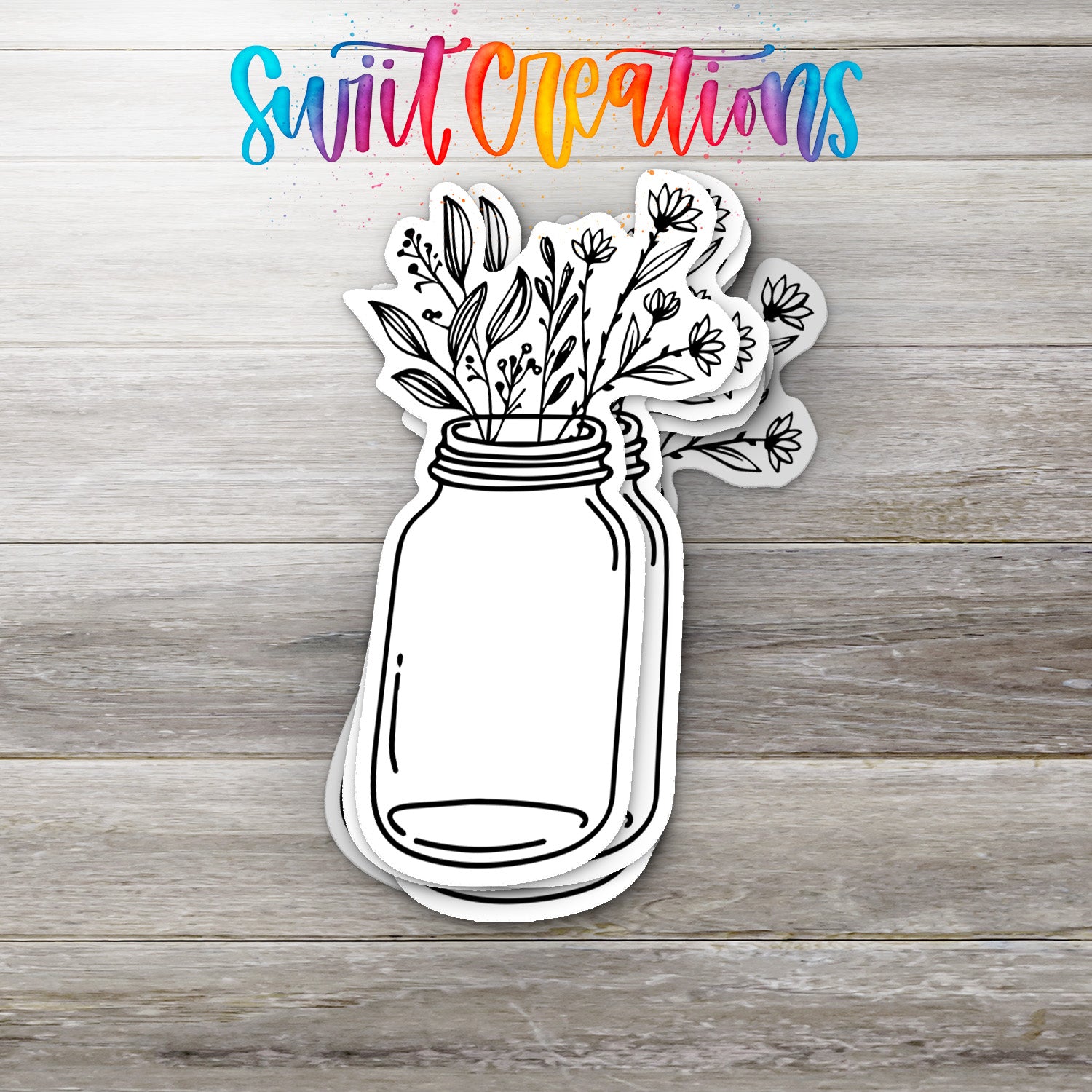 A stylized illustration of a mason jar filled with flowers and leaves, with the text "Swift Creations" written above it.