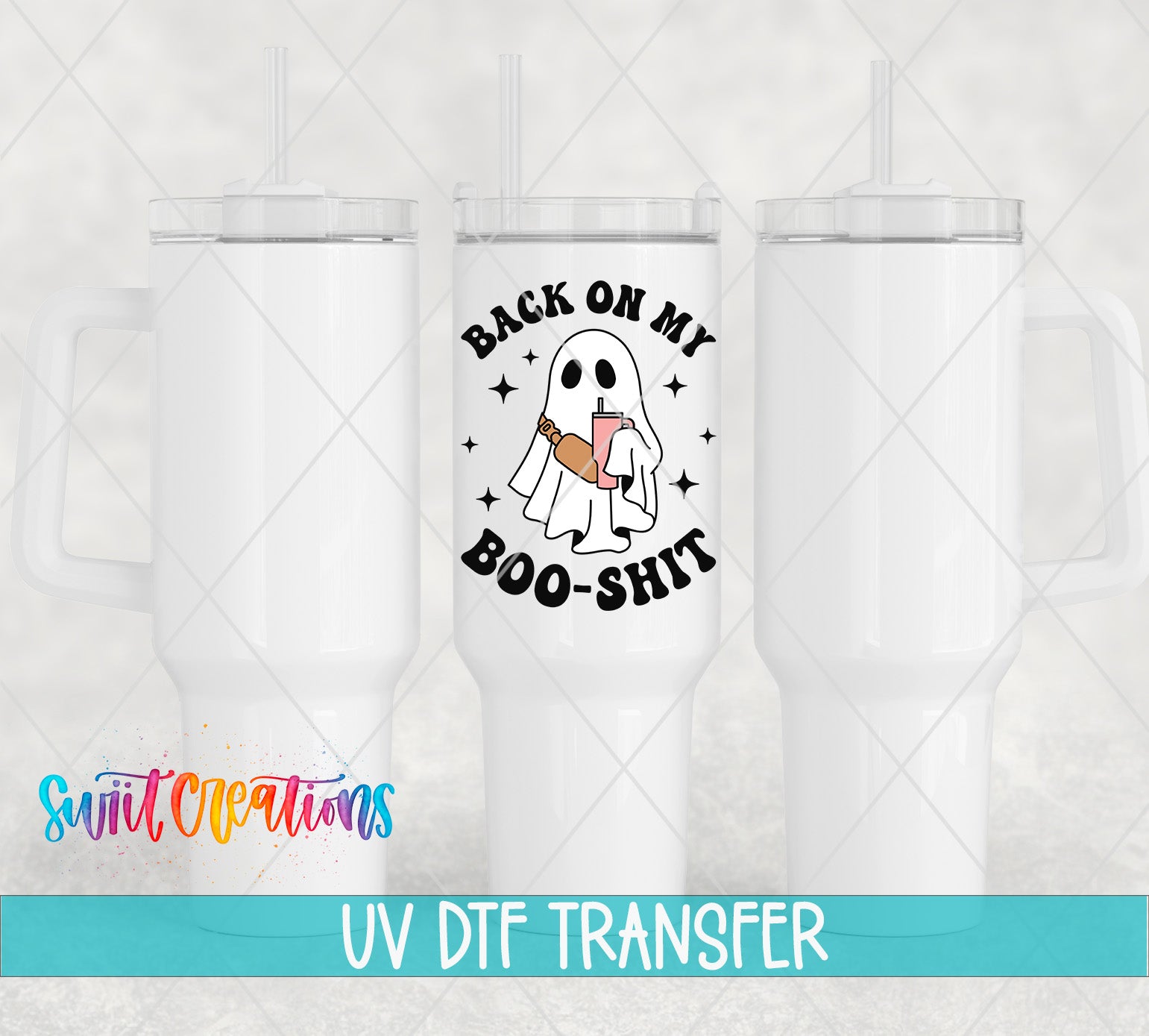 three white tumblers with a graphic design on them, including a ghost character and the text "BACK ON MY BOO-SHIT".