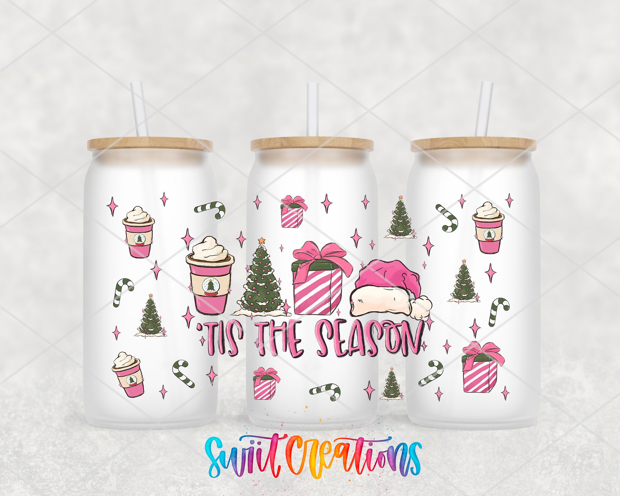 A collection of three white tumblers with colorful illustrations and text, including Christmas-themed elements such as a cup of coffee, a Christmas tree, and presents.