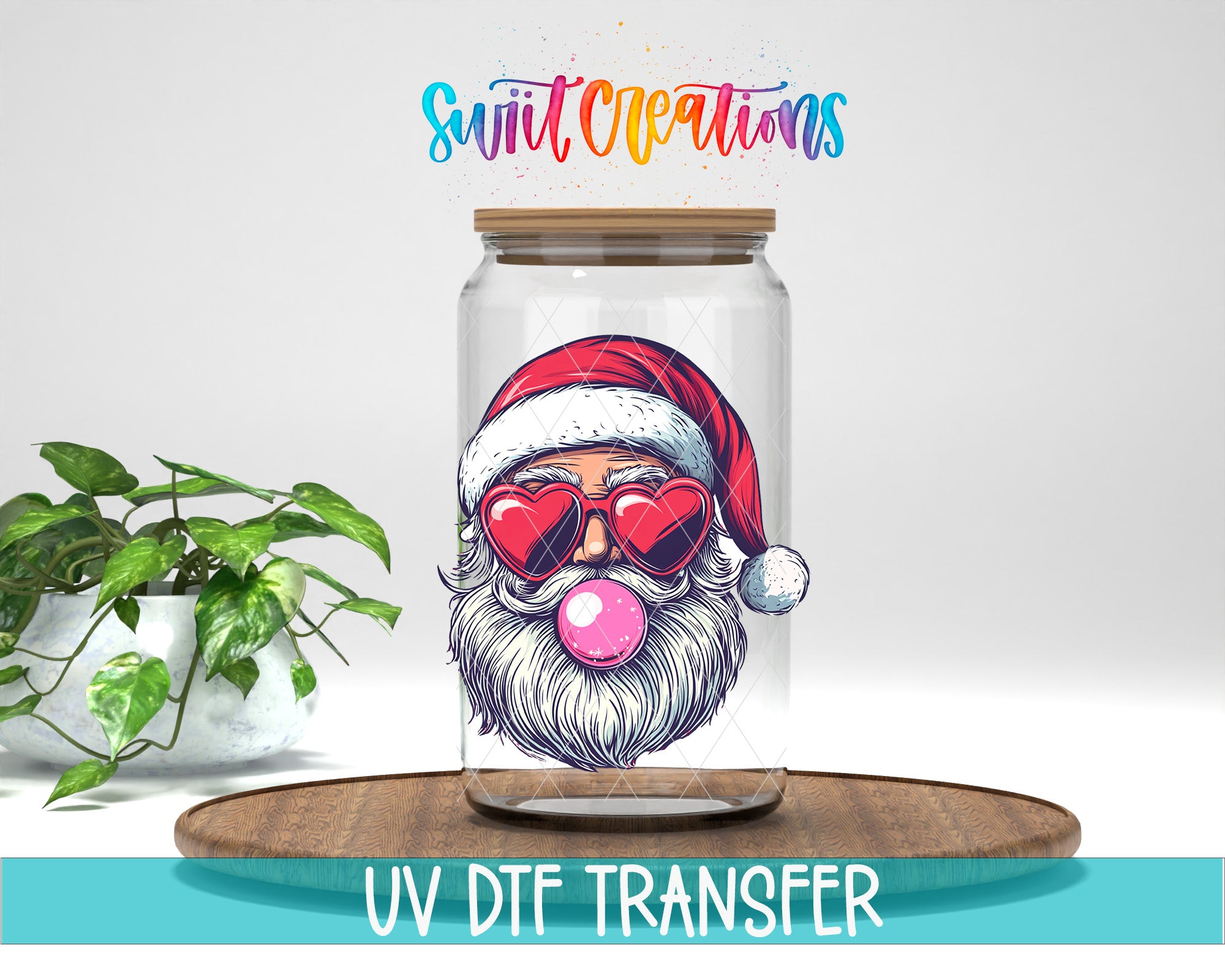 A glass jar with a Santa Claus face wearing sunglasses and a red hat, along with a bubble gum bubble, is displayed on a wooden surface.