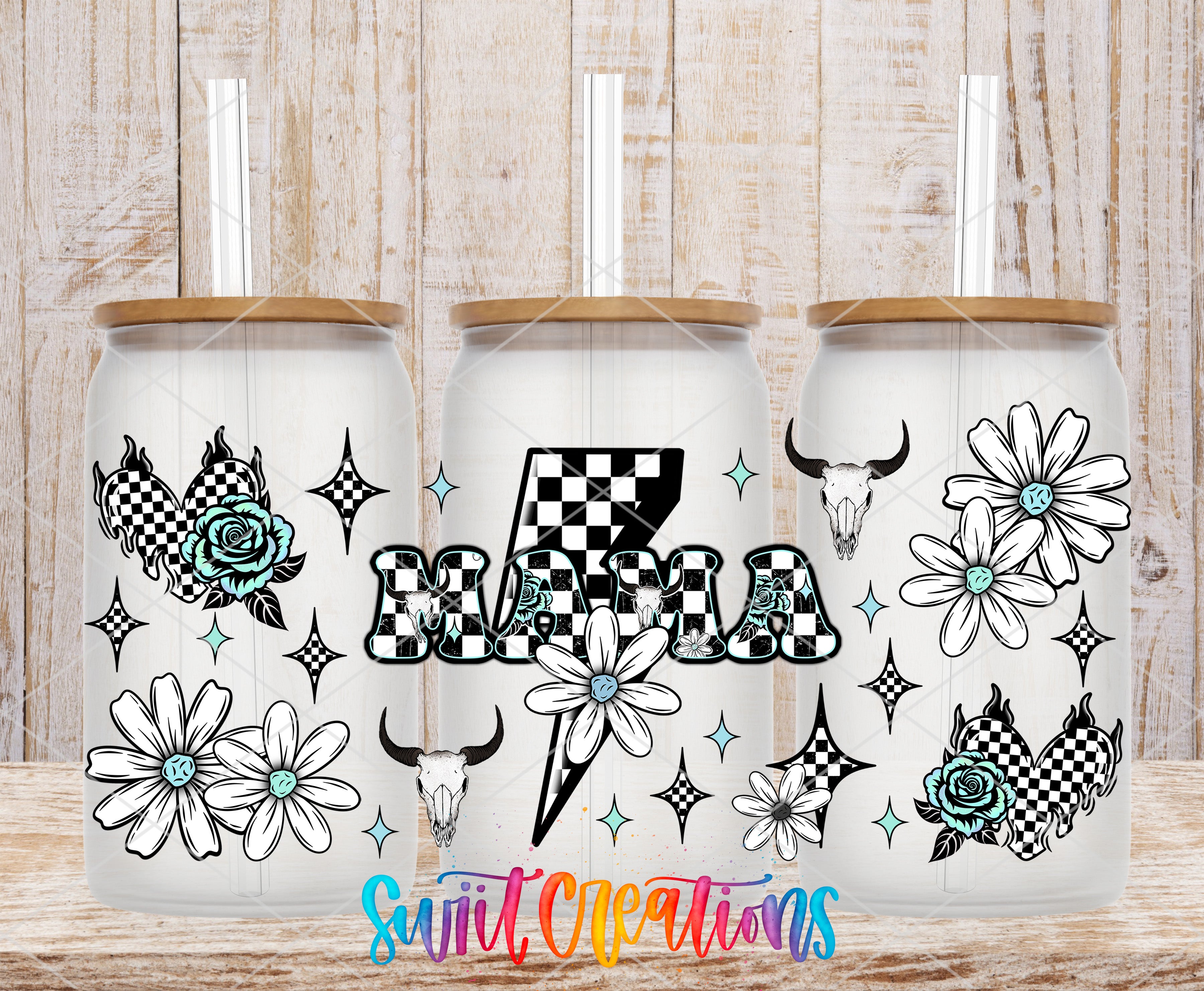 three glass jars with various designs and patterns, including flowers, lightning bolts, and skulls, all set against a wooden background.