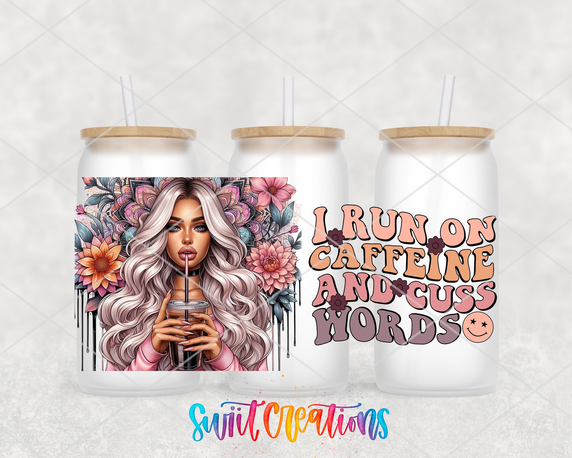 a woman with long, flowing hair holding a drink, surrounded by colorful flowers.