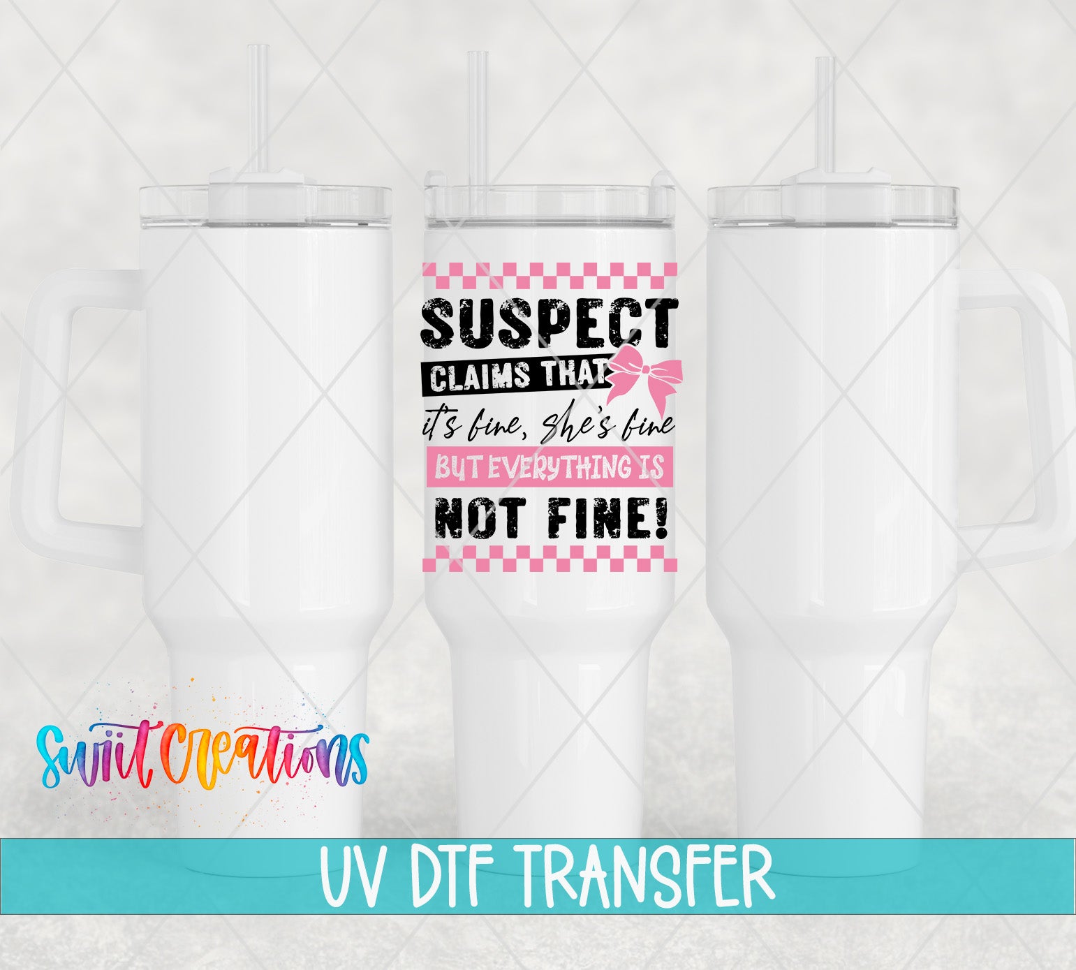 The image is a promotional image for a UV DFT (Volumetric Data Transfer) transfer service, featuring three white tumblers with a pink and black design and text.