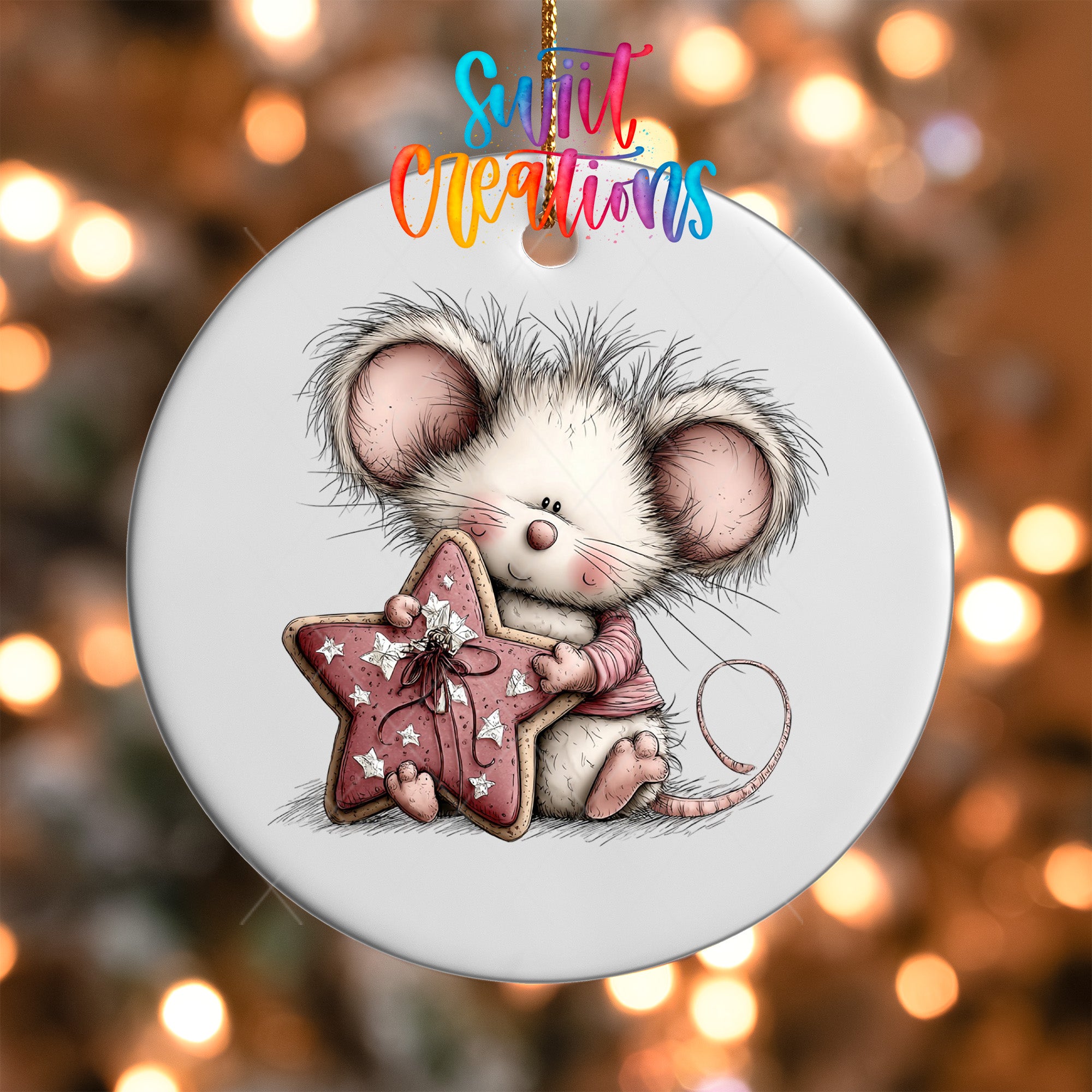 A white ornament with a cute cartoon mouse holding a star-shaped cookie.