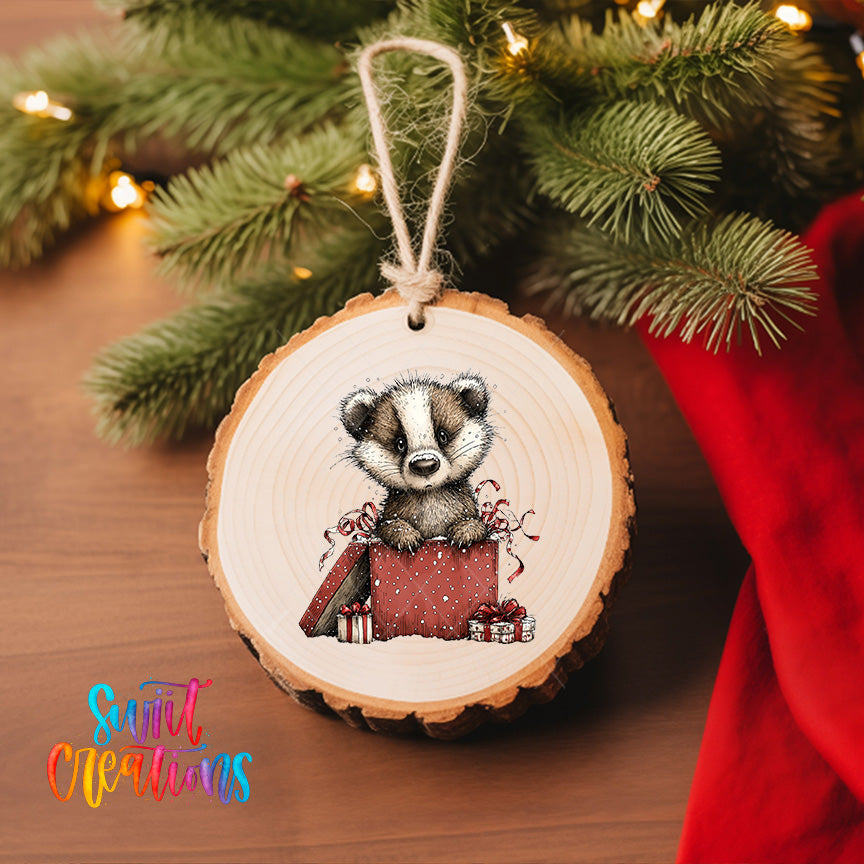 A wooden ornament featuring a badger sitting inside a gift box, surrounded by Christmas decorations and lights.