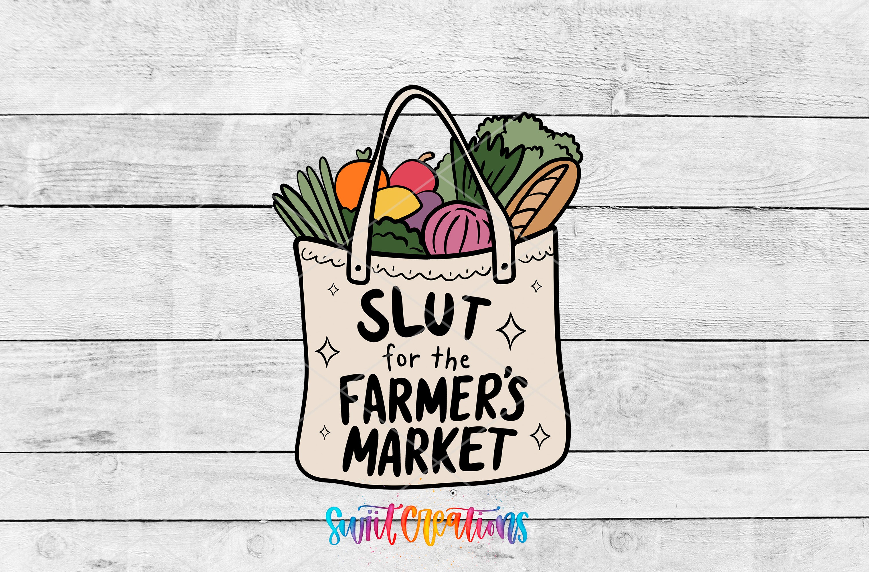 A handbag filled with various fruits and vegetables, with the text "SLUT for the FARMER'S MARKET" printed on it.
