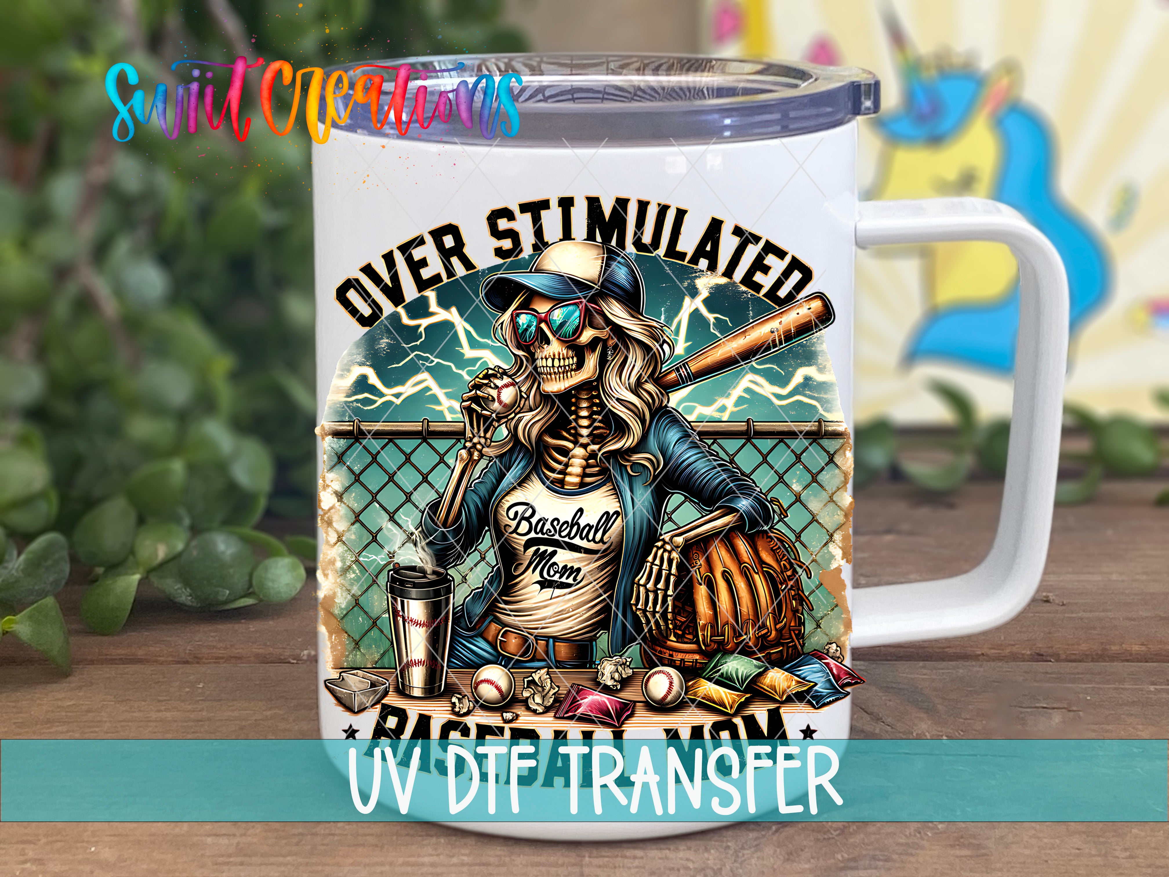 A mug with a colorful illustration of a skeleton playing baseball, surrounded by various baseball-related items.