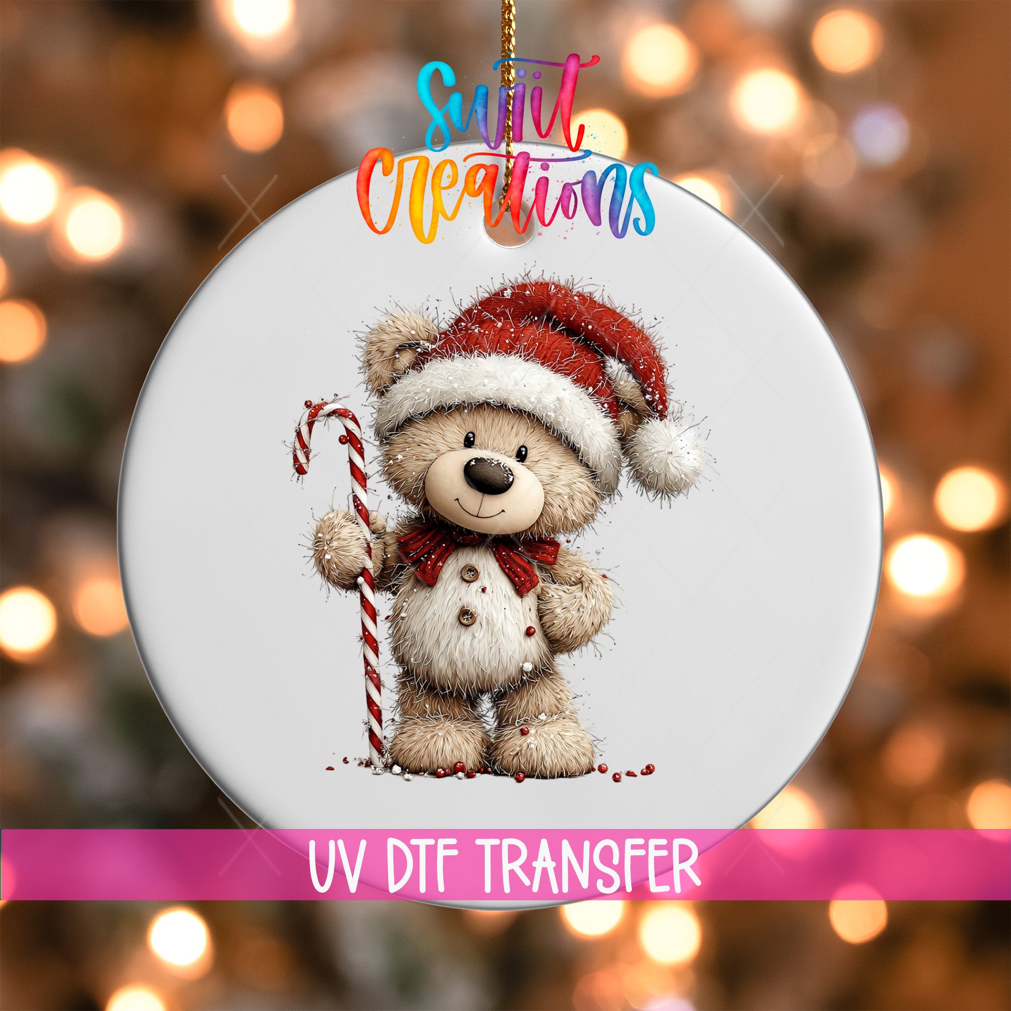 A white ornament with a teddy bear wearing a Santa hat and holding a candy cane, set against a background of colorful lights.