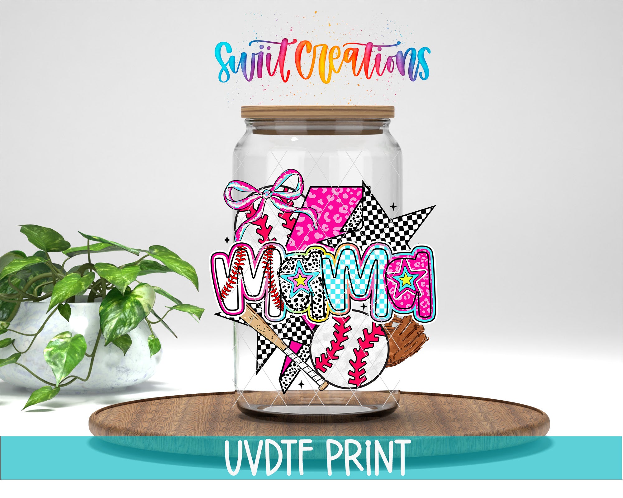 a glass jar with a colorful, hand-drawn design on it, placed on a wooden surface. The jar is labeled "MOMA" and is surrounded by various sports-related elements, such as a baseball, a tennis racket, and a baseball glove. The background of the image is white, and there is a plant visible in the background.