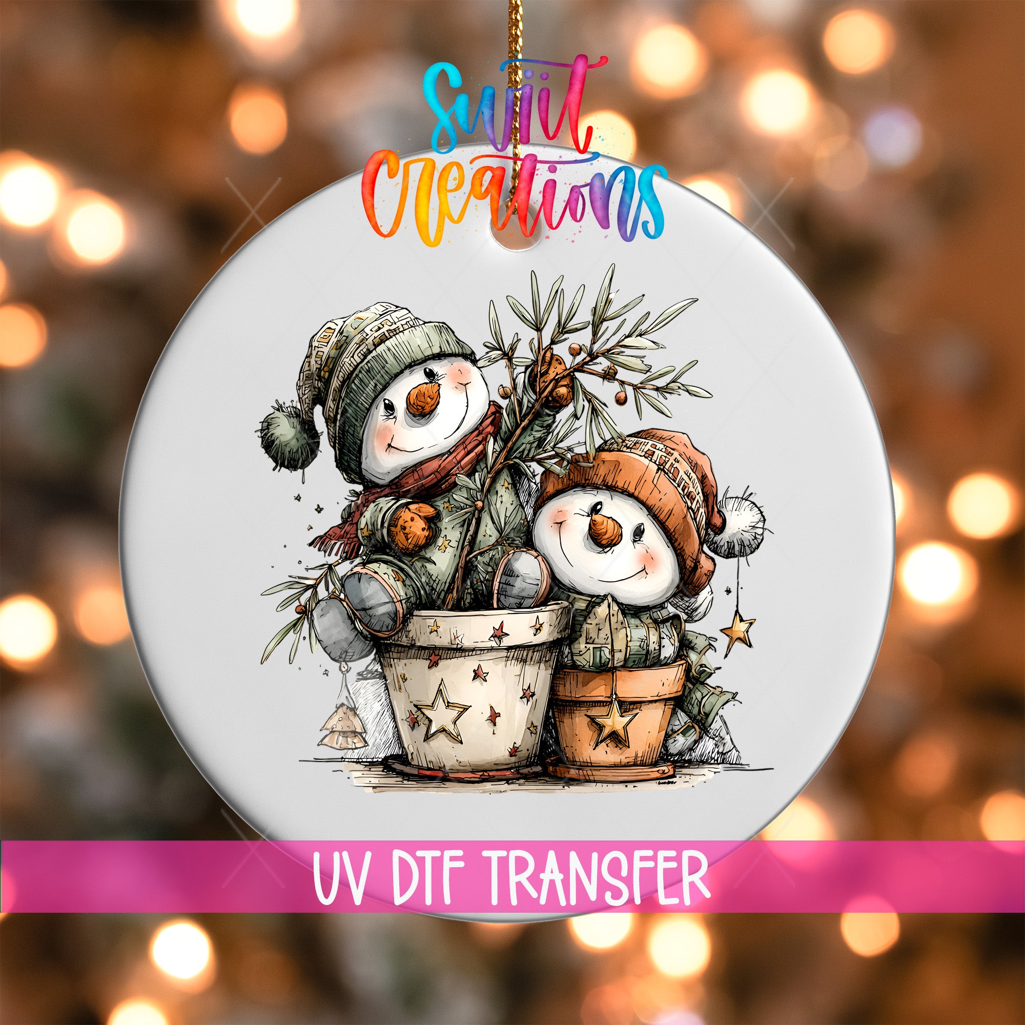 A decorative ornament featuring two snowmen in a pot, surrounded by festive elements such as stars and a tree.