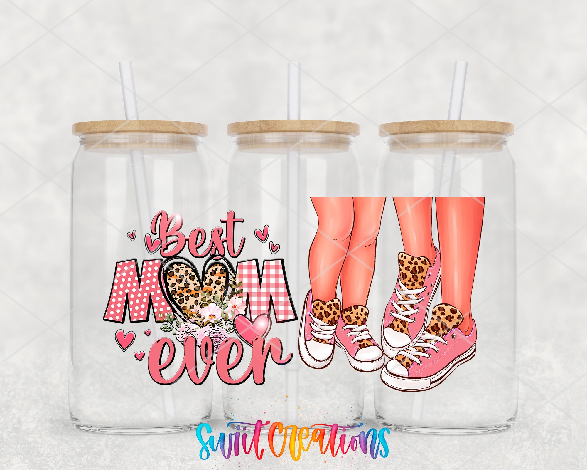 A collage of three glass jars with straws, each containing a different illustration. The central jar features a design with the text "Best Mom Ever" and leopard print sneakers.