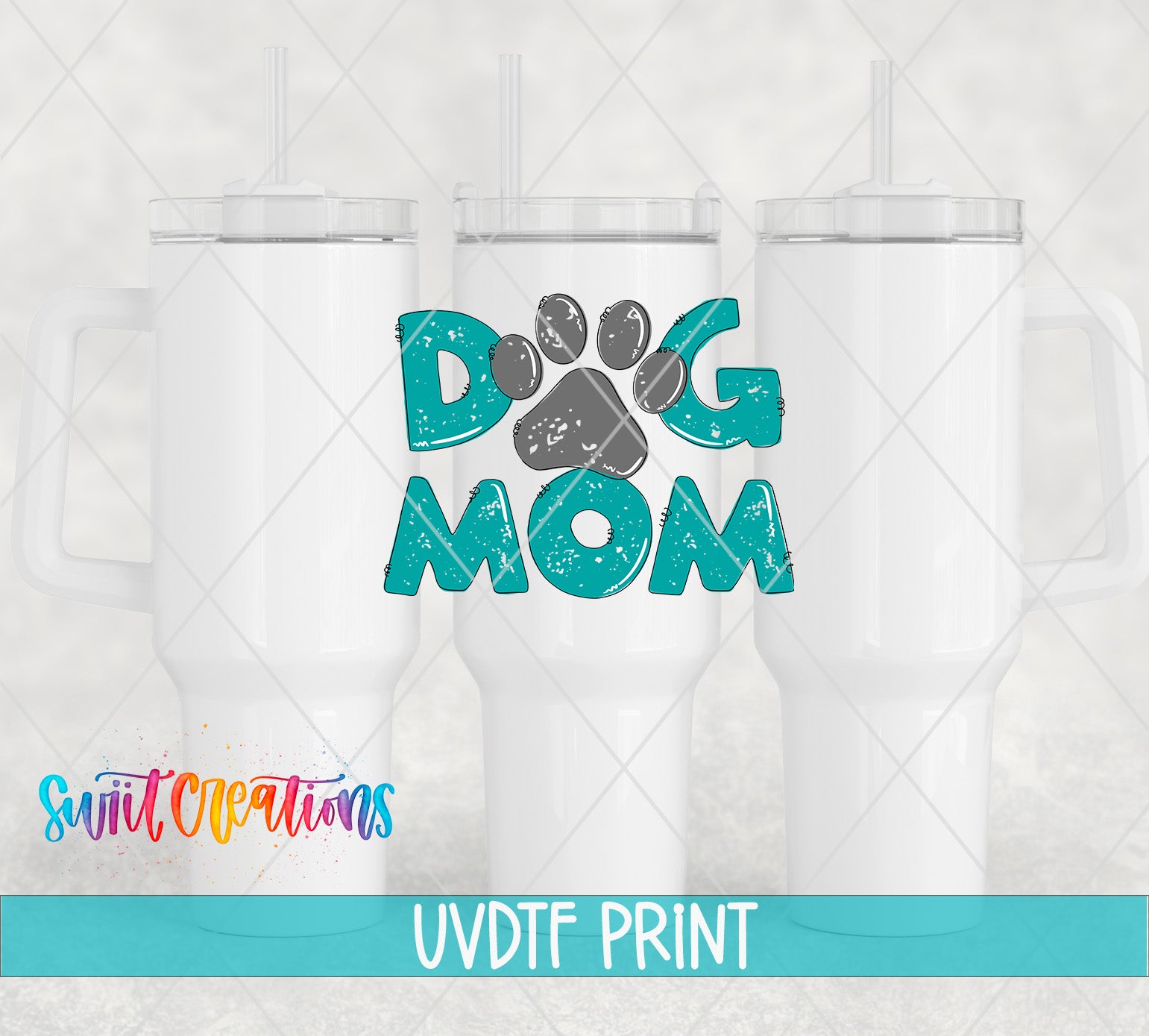 a white tumbler with a teal and black design that says "DOG MOM" in teal letters.