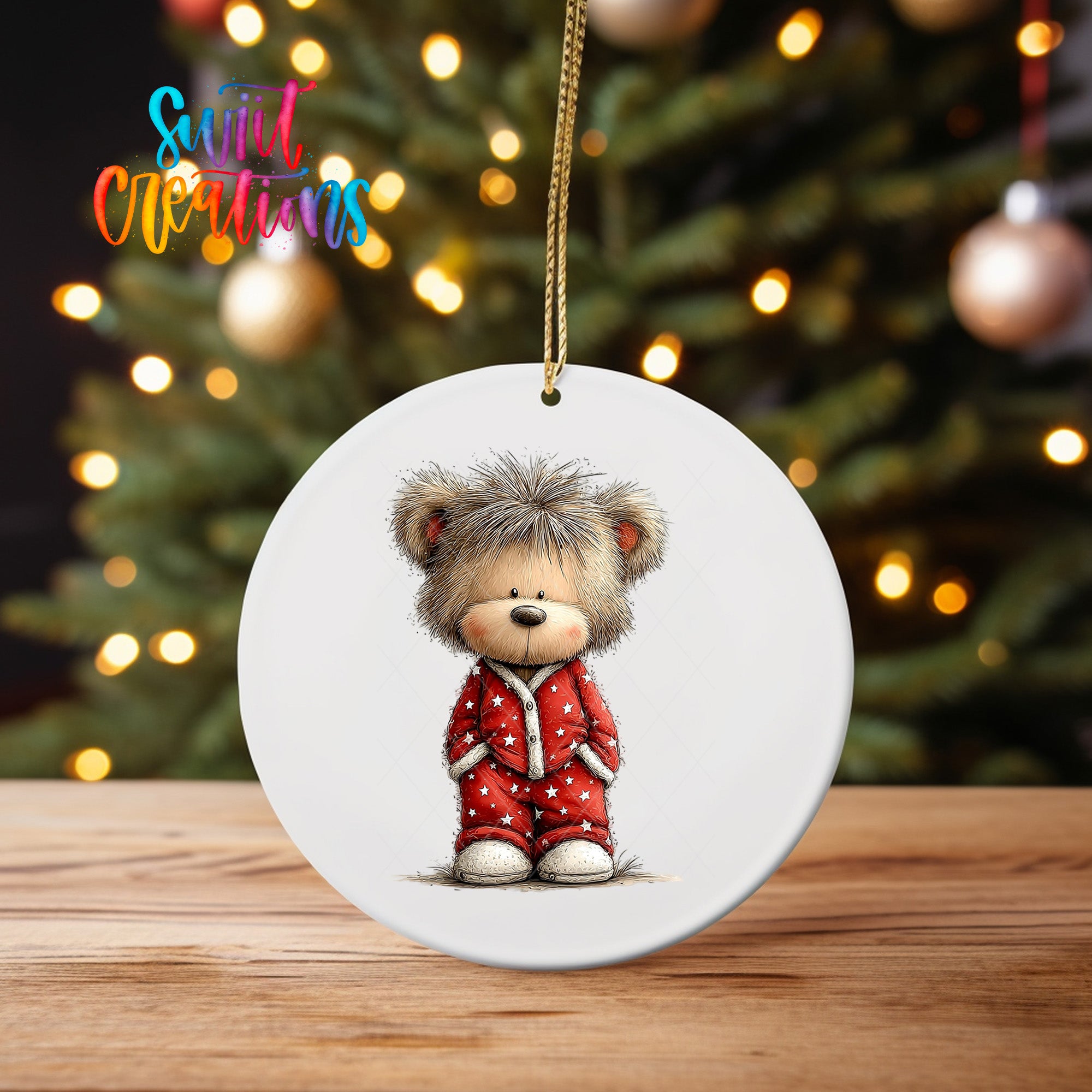 A white ceramic ornament featuring a cartoon illustration of a bear wearing a red outfit with white polka dots, standing on a wooden surface.