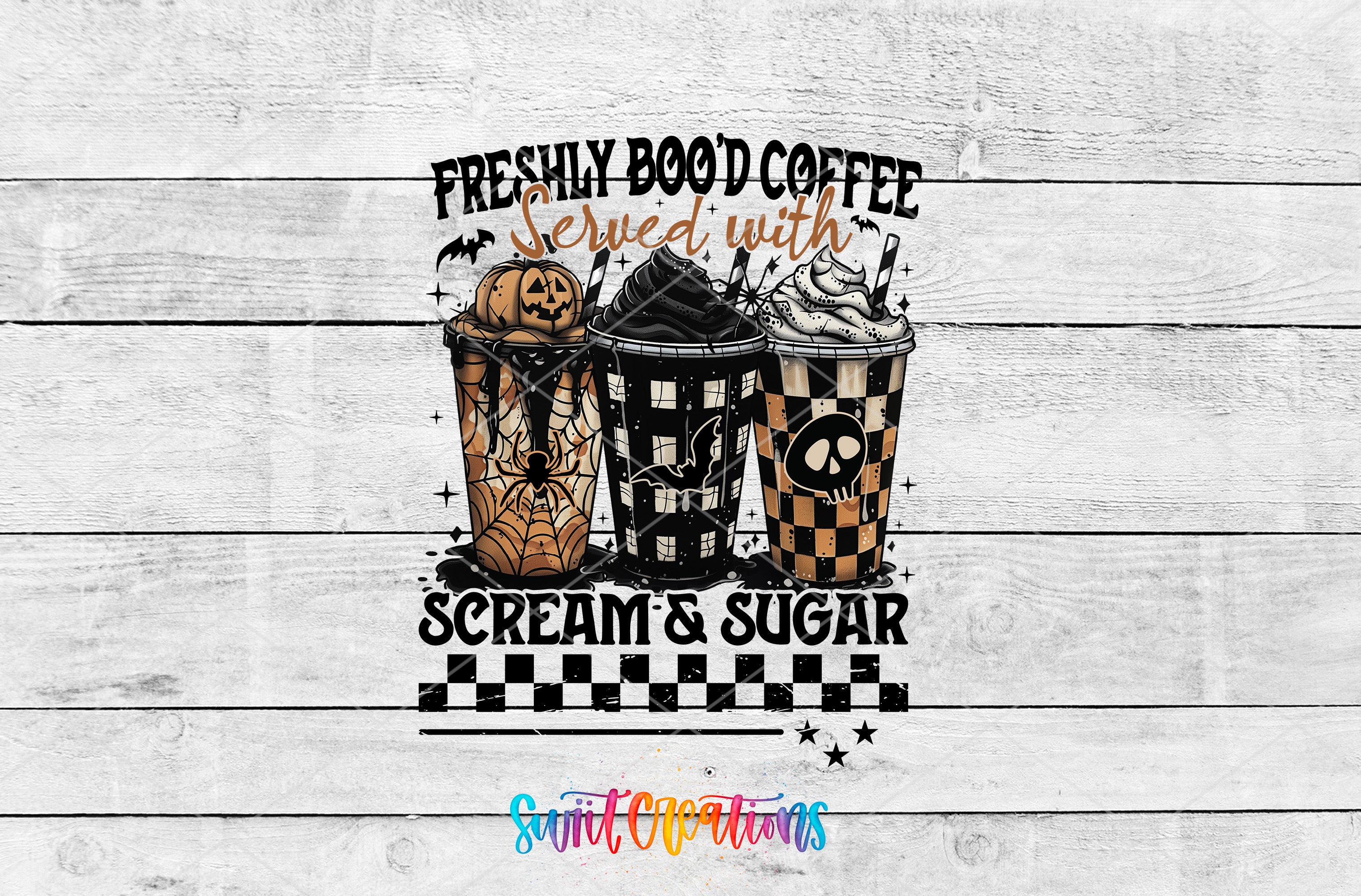 a Halloween-themed coffee cup design with the text "Freshly Bood Coffee Served with Scream & Sugar" and a pumpkin decoration.