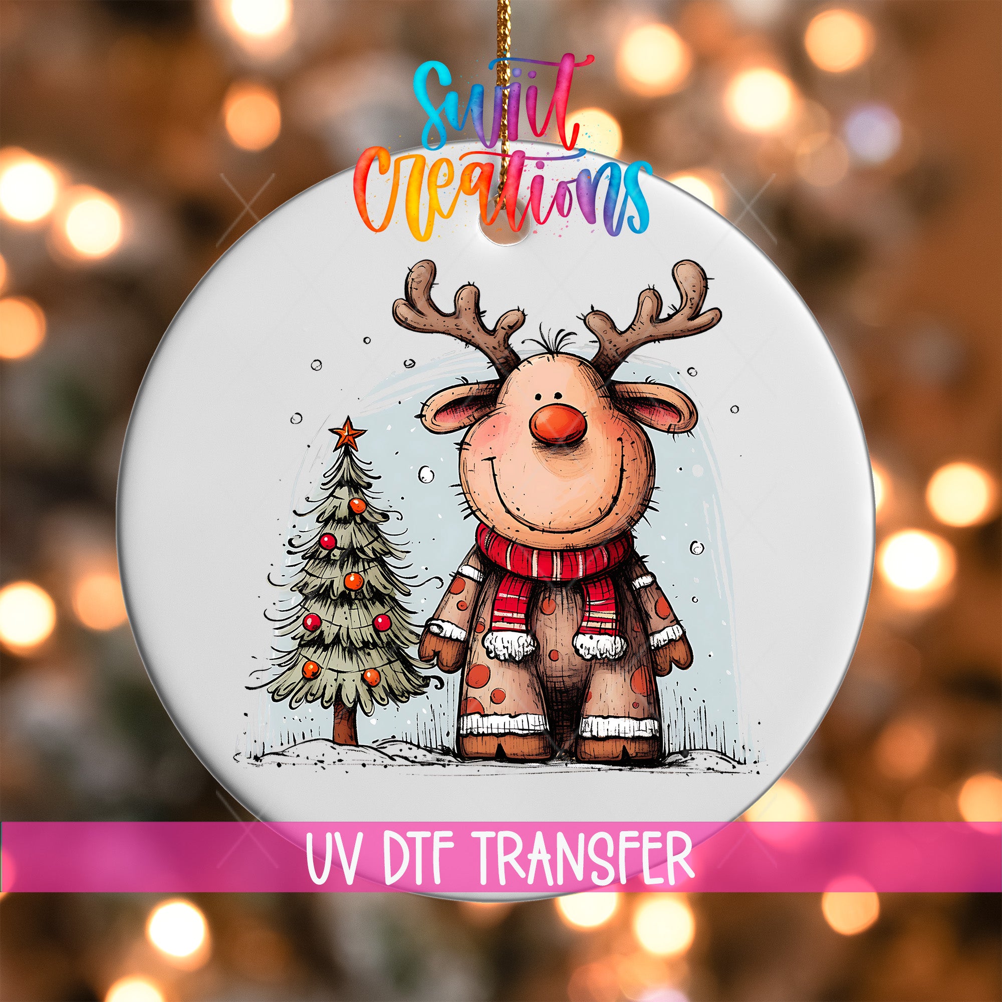 A Christmas ornament featuring a cartoon reindeer standing next to a Christmas tree.
