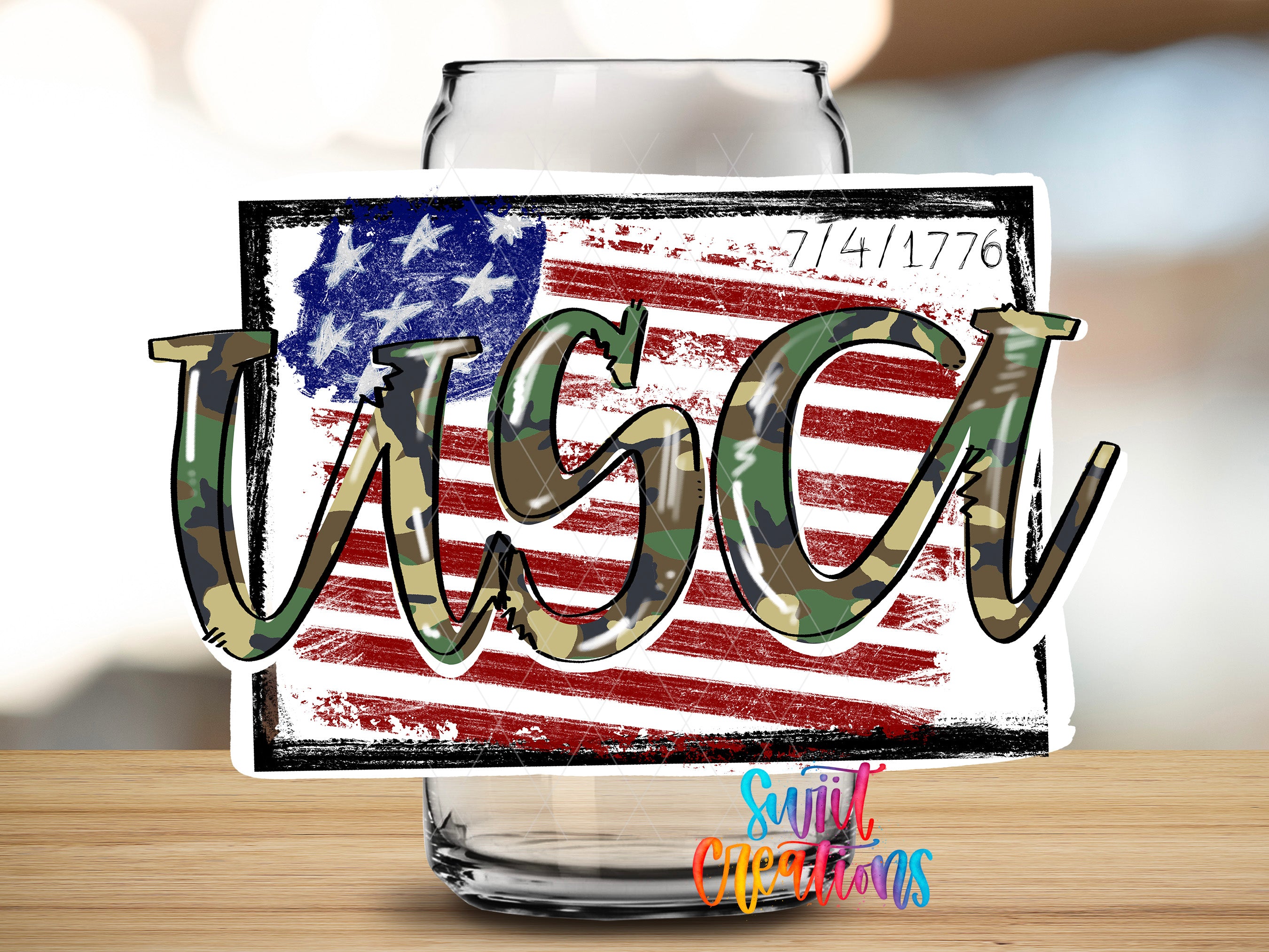a camouflage-style text overlay on a glass jar, with an American flag design in the background.