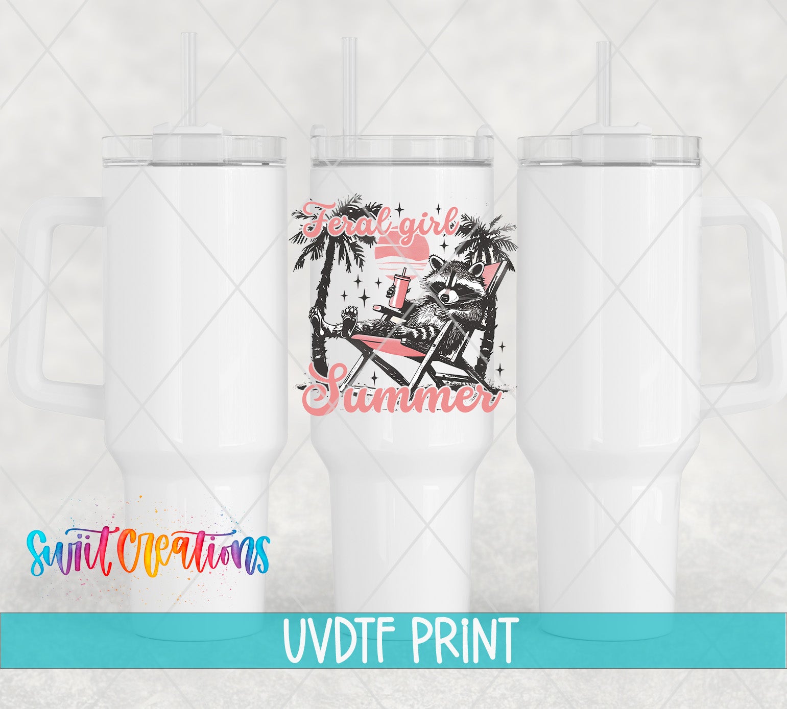 three white tumblers with a printed design on them, including a raccoon lounging in a hammock and the text "Feral Girl Summer".