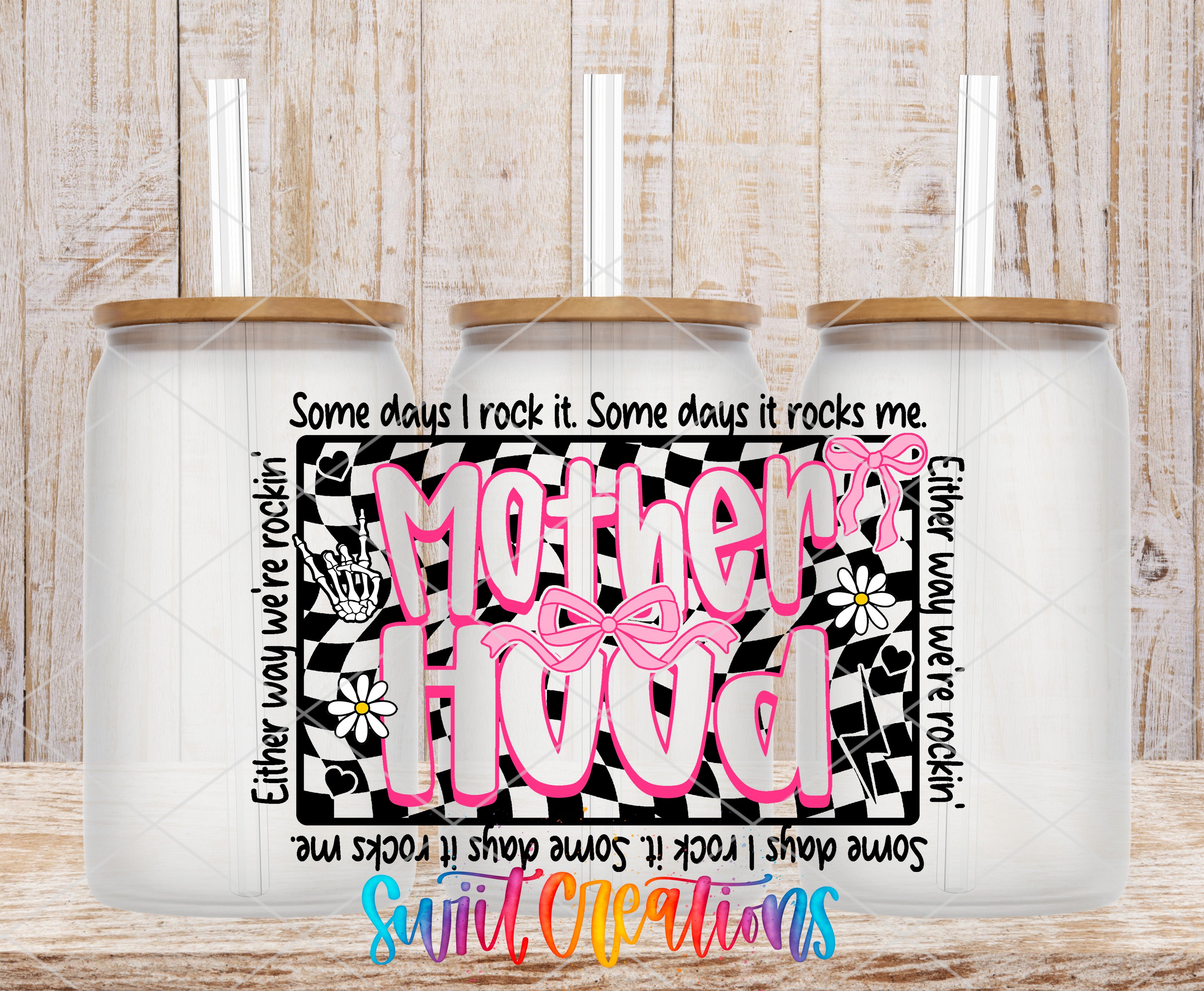 three white glass jars with lids, each containing a straw. The jars are arranged in a row, and there is a colorful design on the front of each jar. The design includes text and illustrations, such as flowers and a checkerboard pattern.