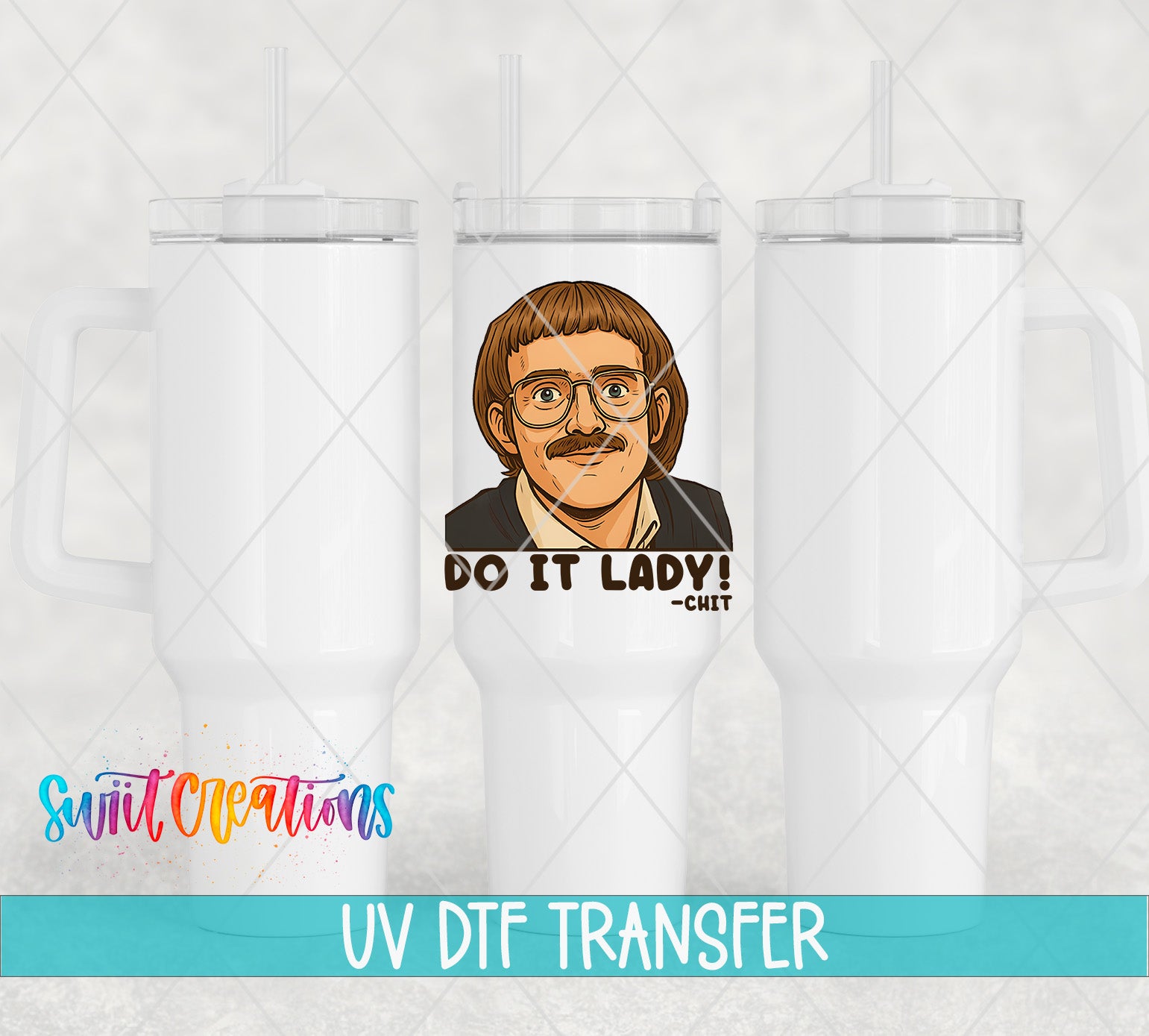 three white tumblers with a cartoon character and text printed on them.