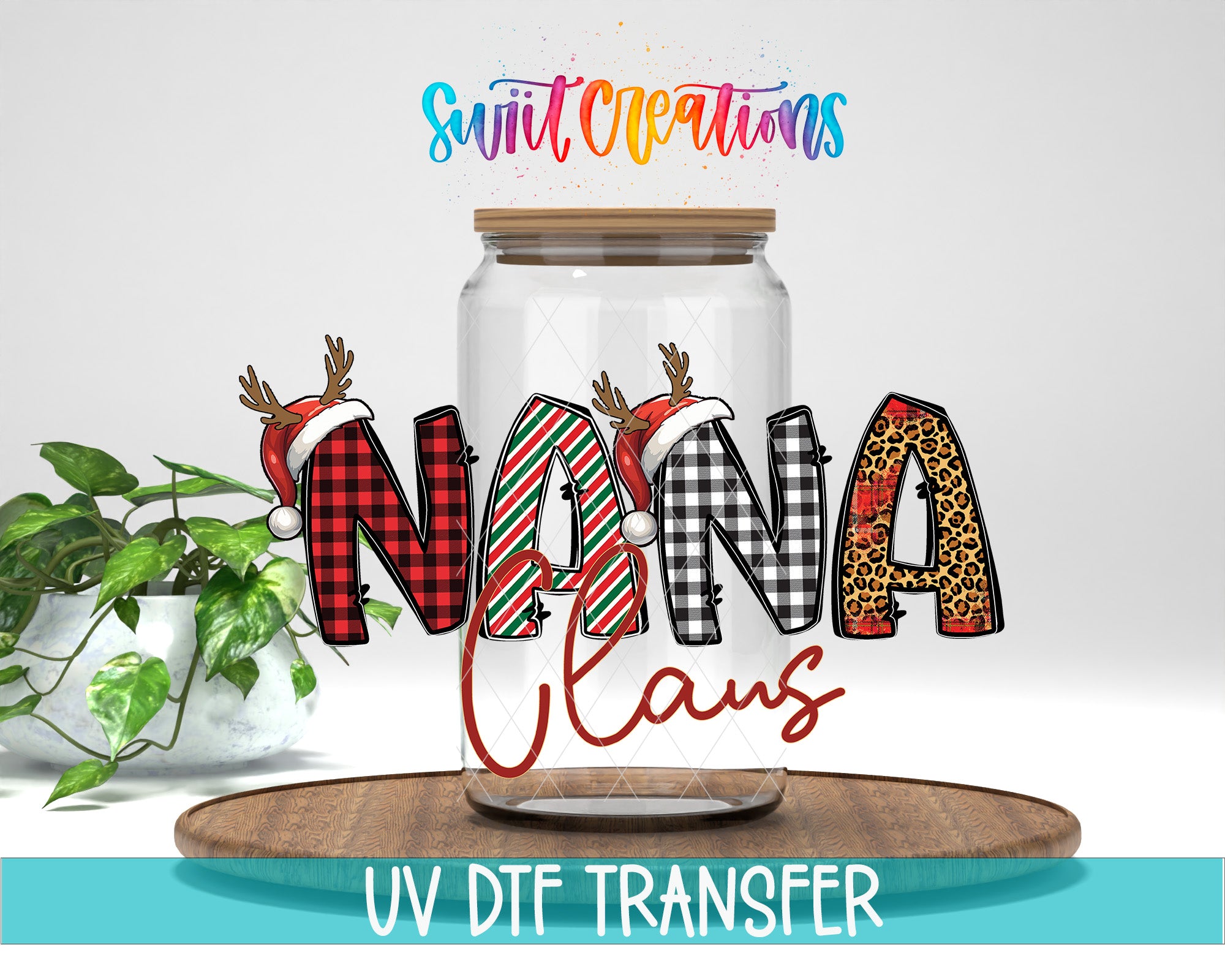 a glass jar with the word "NANA" written on it, along with a plant and a wooden tray in the background.