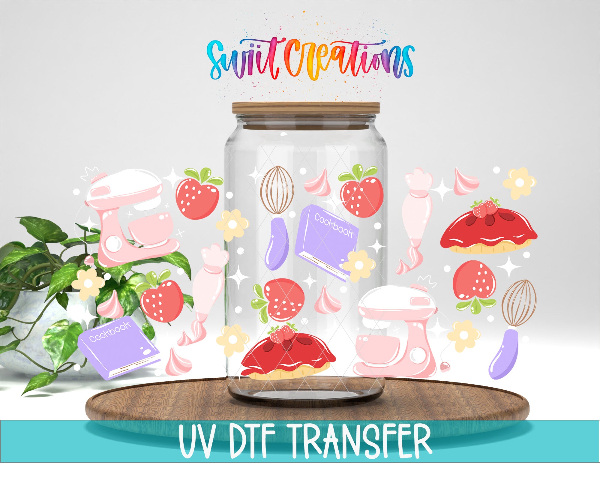 The image is a colorful illustration featuring a glass jar filled with various food items, such as strawberries, a cake, and a cookie, surrounded by whimsical illustrations of fruits and desserts. The text "Swift Creations" is written above the jar, and "UV DFT Transfer" is written at the bottom of the image.