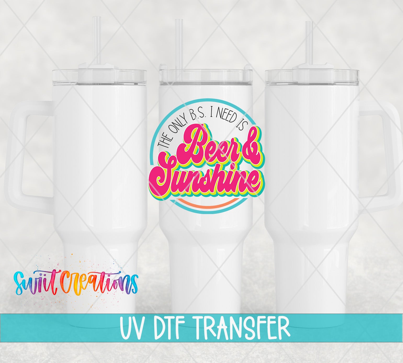 three white tumblers with a colorful graphic design on them, including text and a rainbow-colored logo.