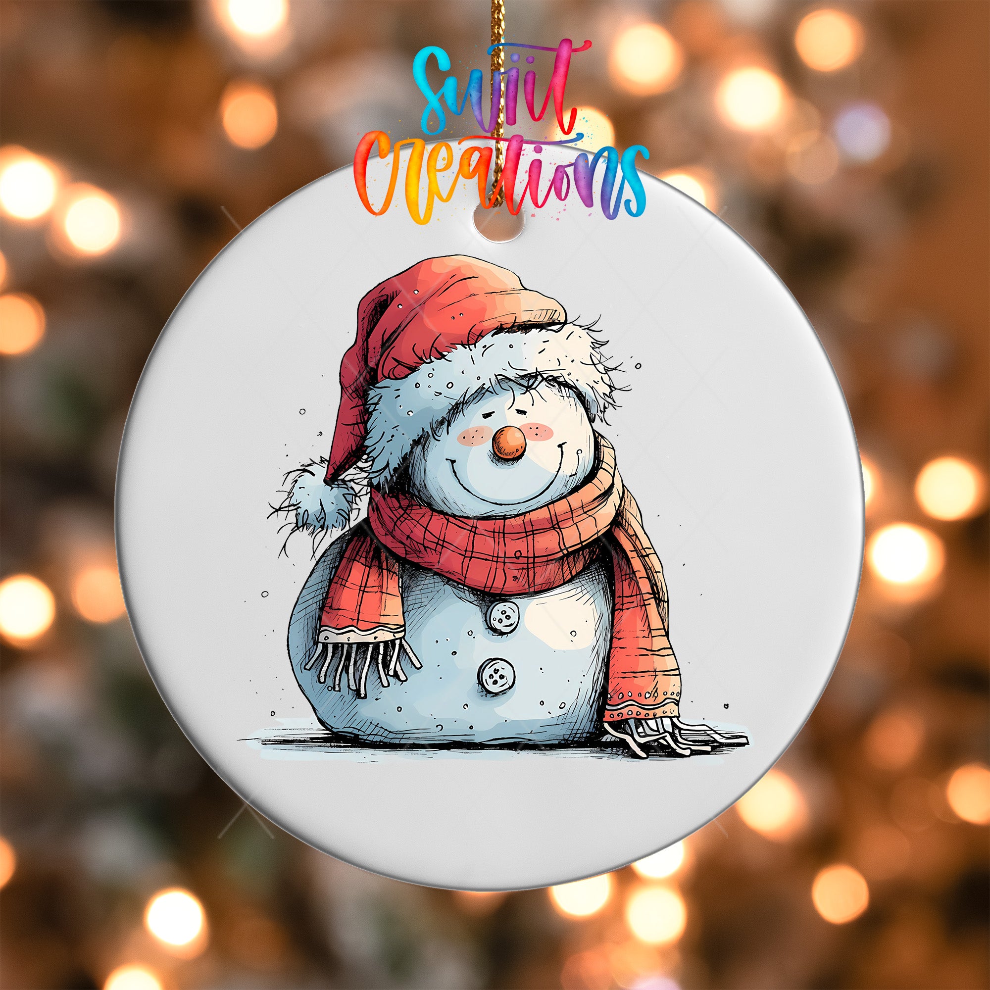 A snowman ornament with a red scarf and a red hat, sitting on a snowy surface.