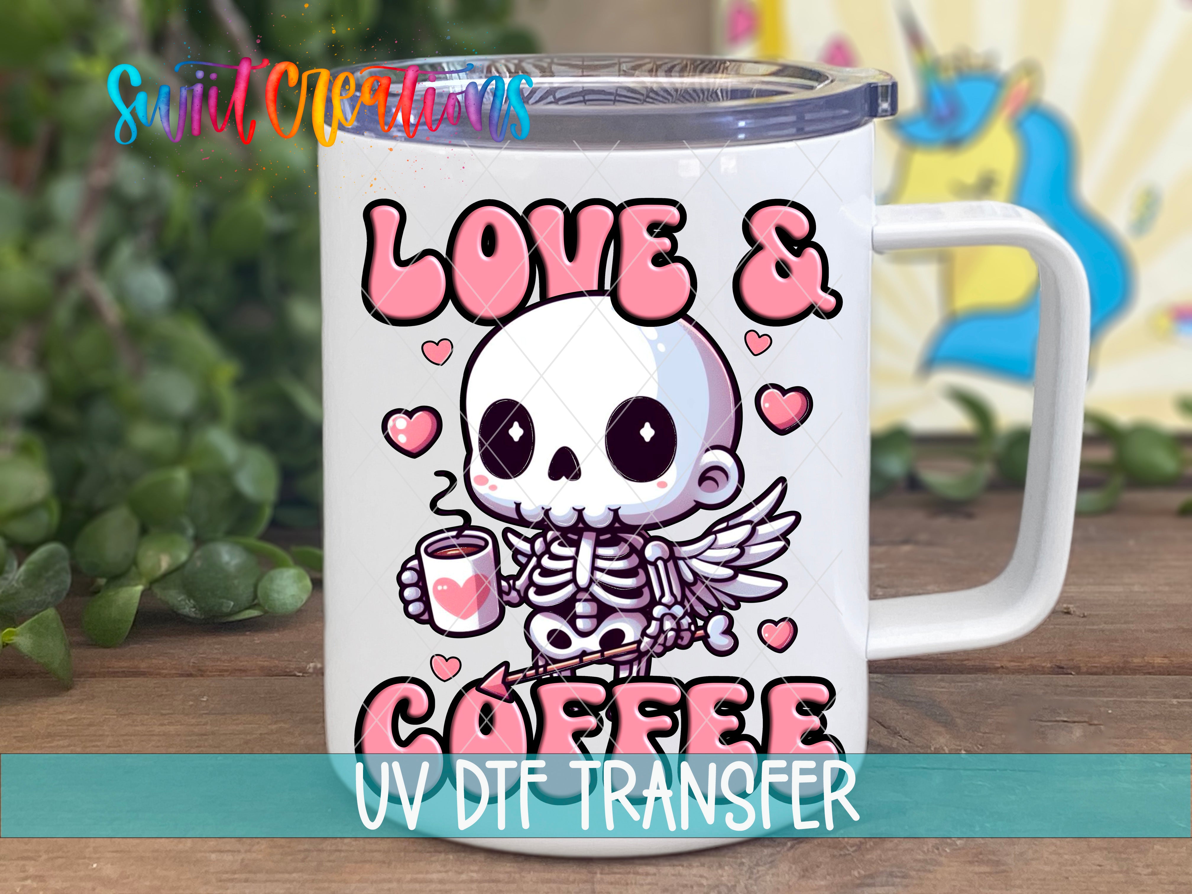 A white ceramic mug with a cartoon skeleton holding a coffee cup and the text "LOVE & COFFEE" printed on it.