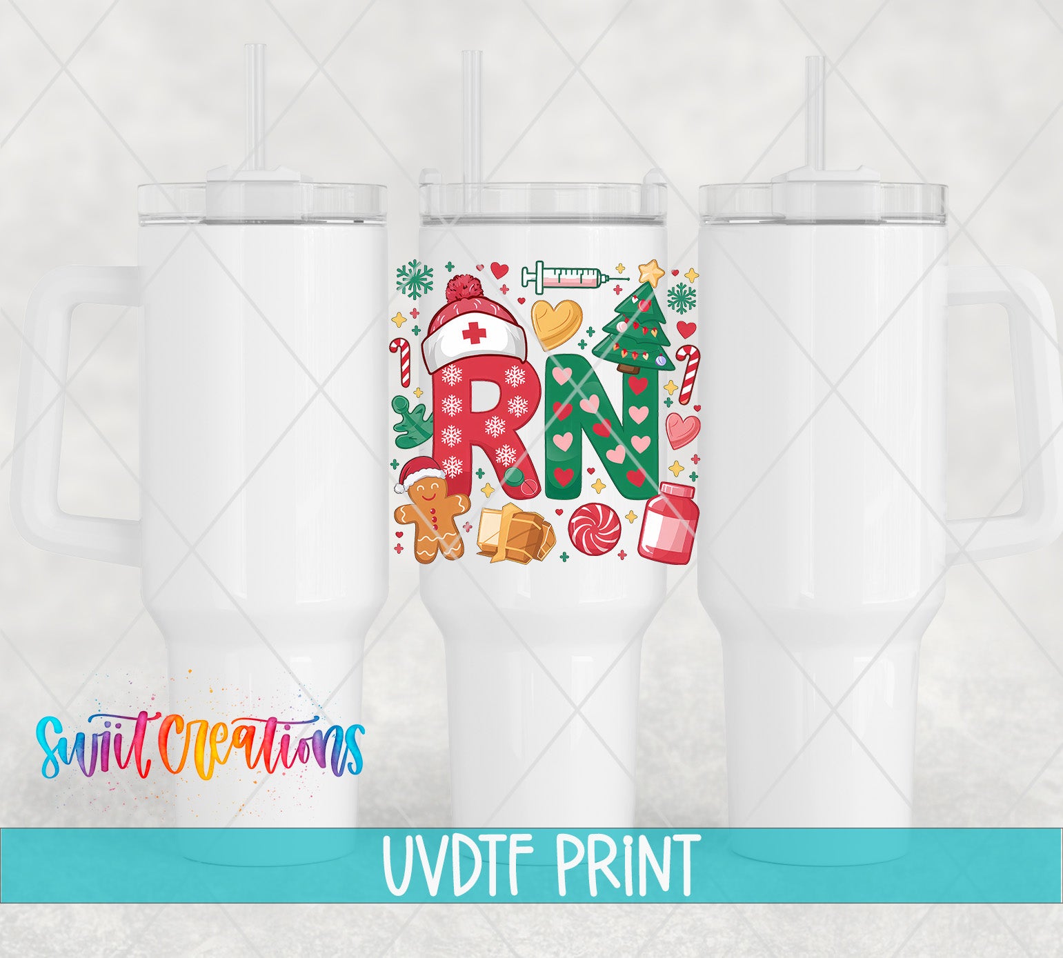 a white thermos with a colorful design on it, including the letters "RN" and various festive elements such as a Christmas tree, candy canes, and a gingerbread man.