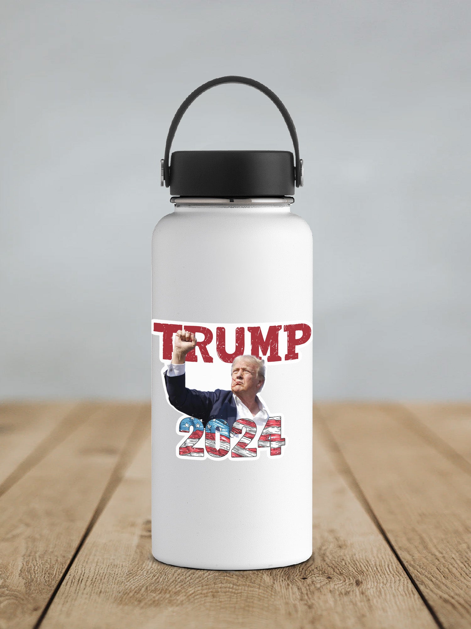 a white water bottle with a picture of a president on it