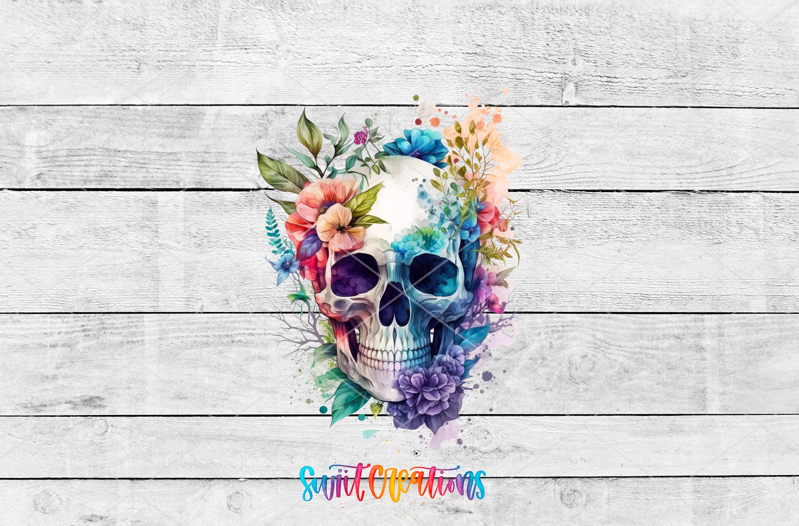 A colorful and vibrant illustration of a skull surrounded by a floral arrangement, with the text "Spirit Creations" below the image.