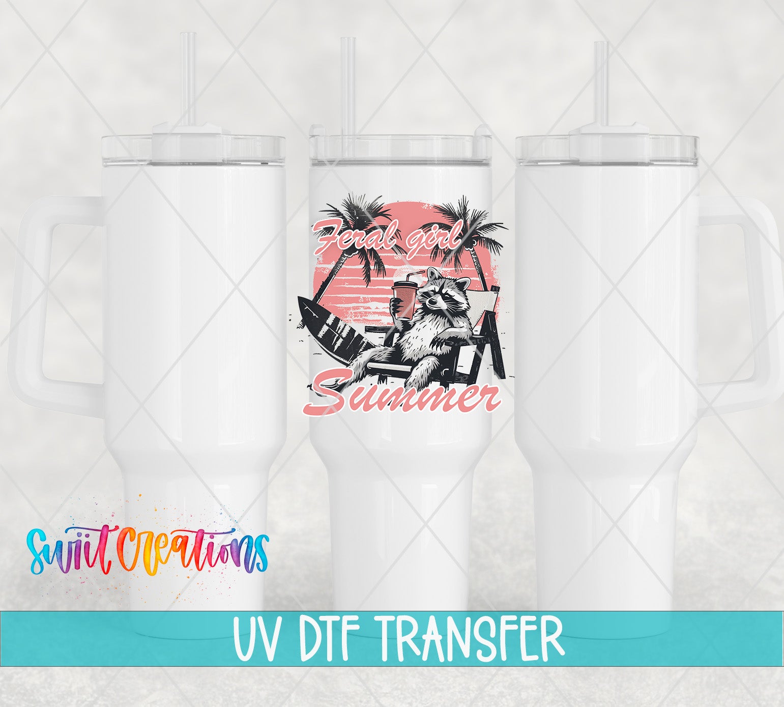 three white tumblers with a printed design on them, including a beach scene with palm trees and a surfboard.