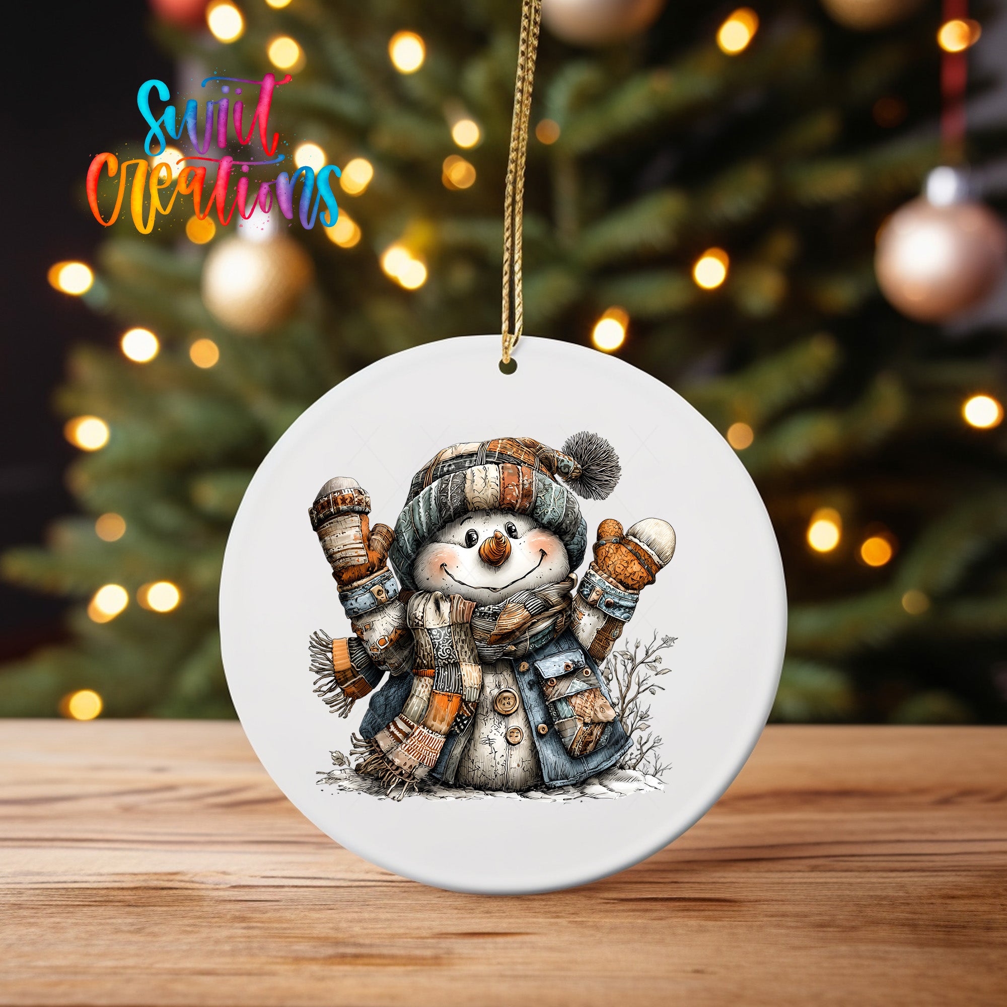 A white ornament featuring a snowman with a scarf and hat, surrounded by snow, is hanging on a string in front of a blurred Christmas tree.