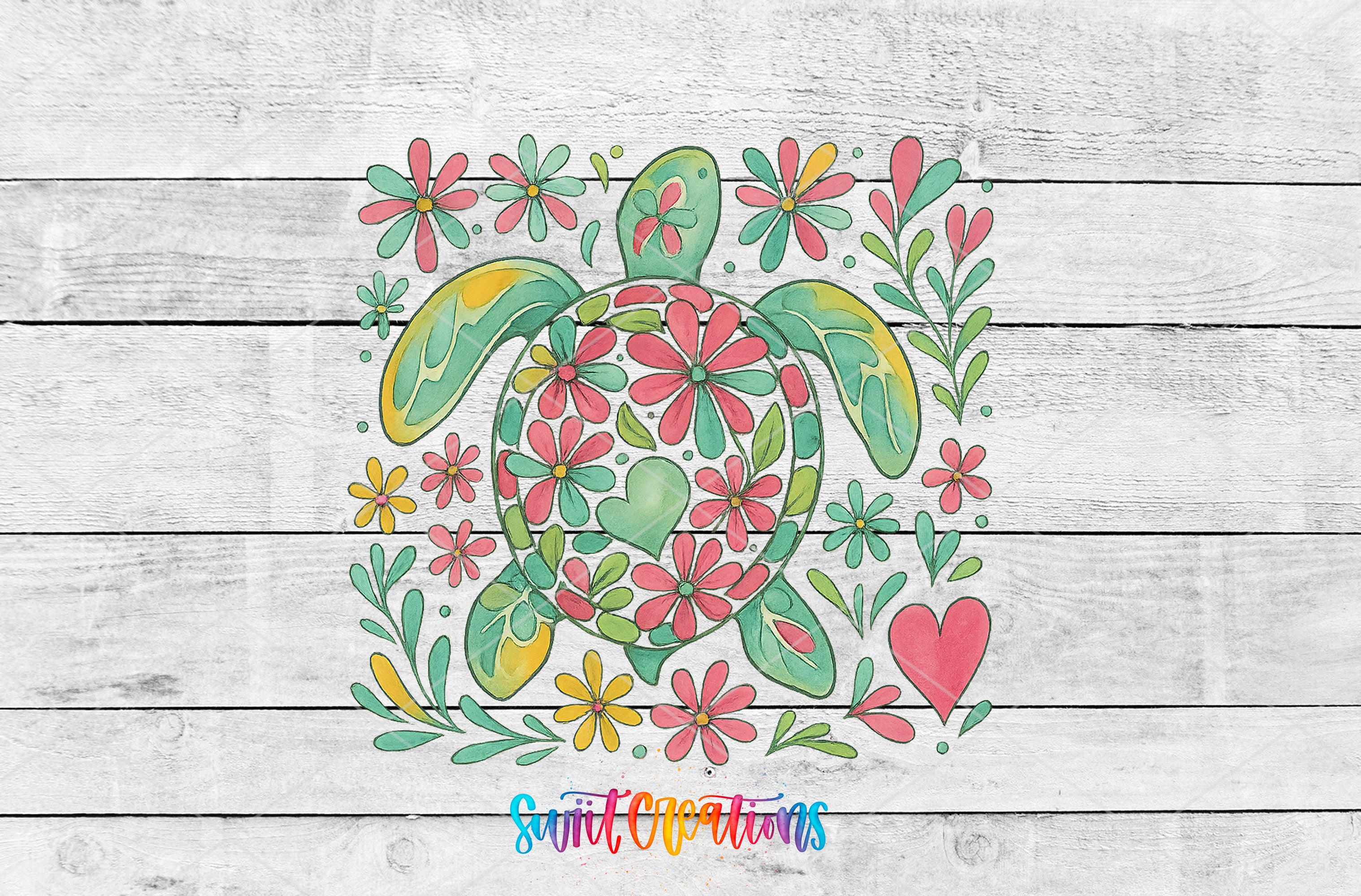 A colorful illustration of a turtle surrounded by various flowers, leaves, and hearts on a wooden background.