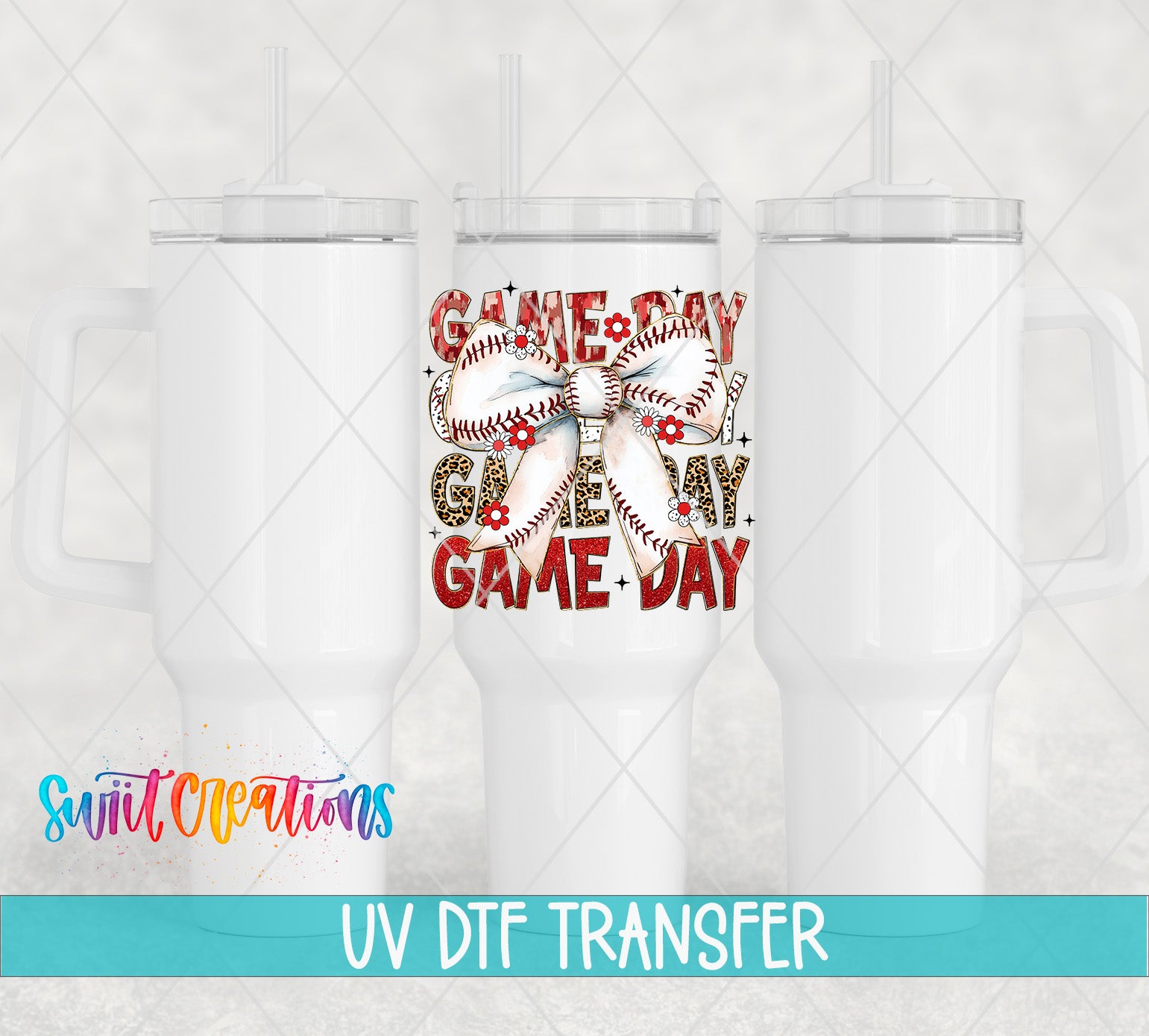 three white tumblers with a baseball-themed design on the front, including a baseball and the words "GAME DAY" and "GAMES".