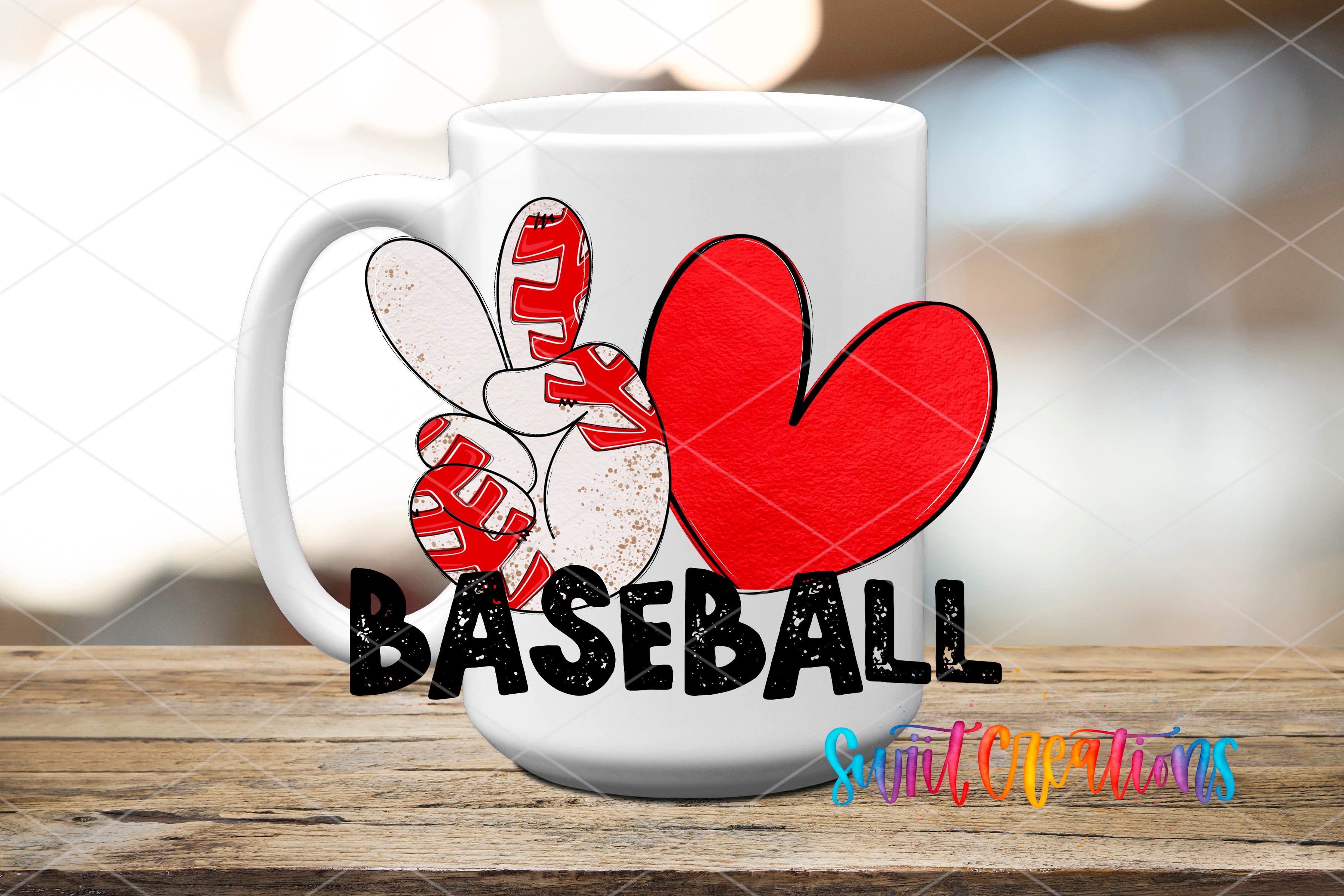A white mug with a graphic design featuring a peace sign and the word "BASEBALL" written on it.