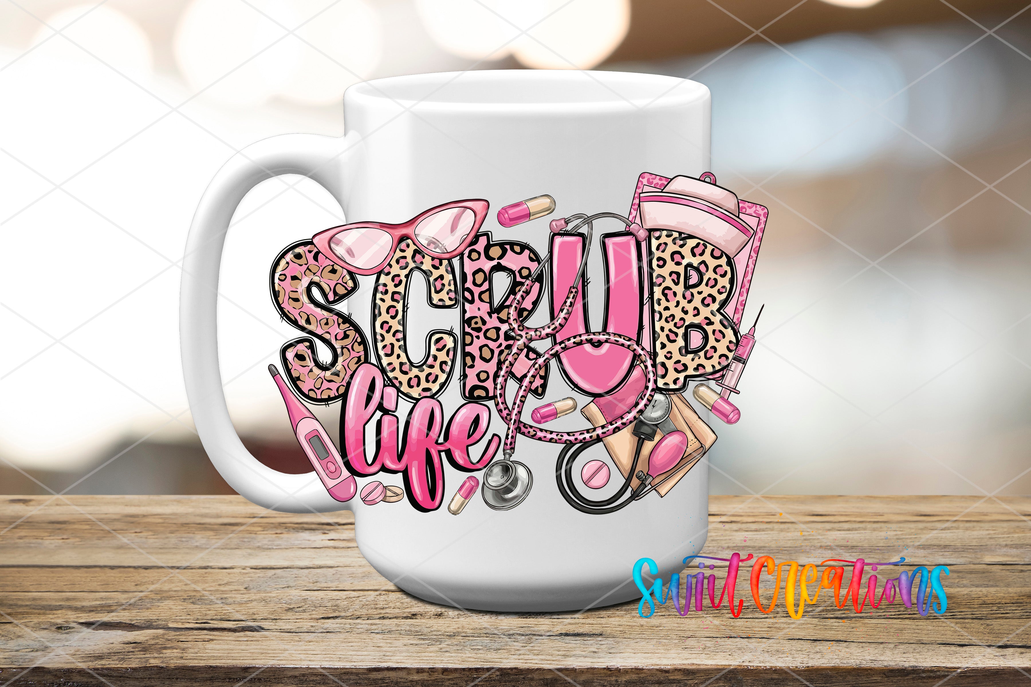 A white mug with a colorful design featuring the word "SURVEY LIFE" surrounded by various medical and healthcare-related items such as a stethoscope, pills, and a thermometer.