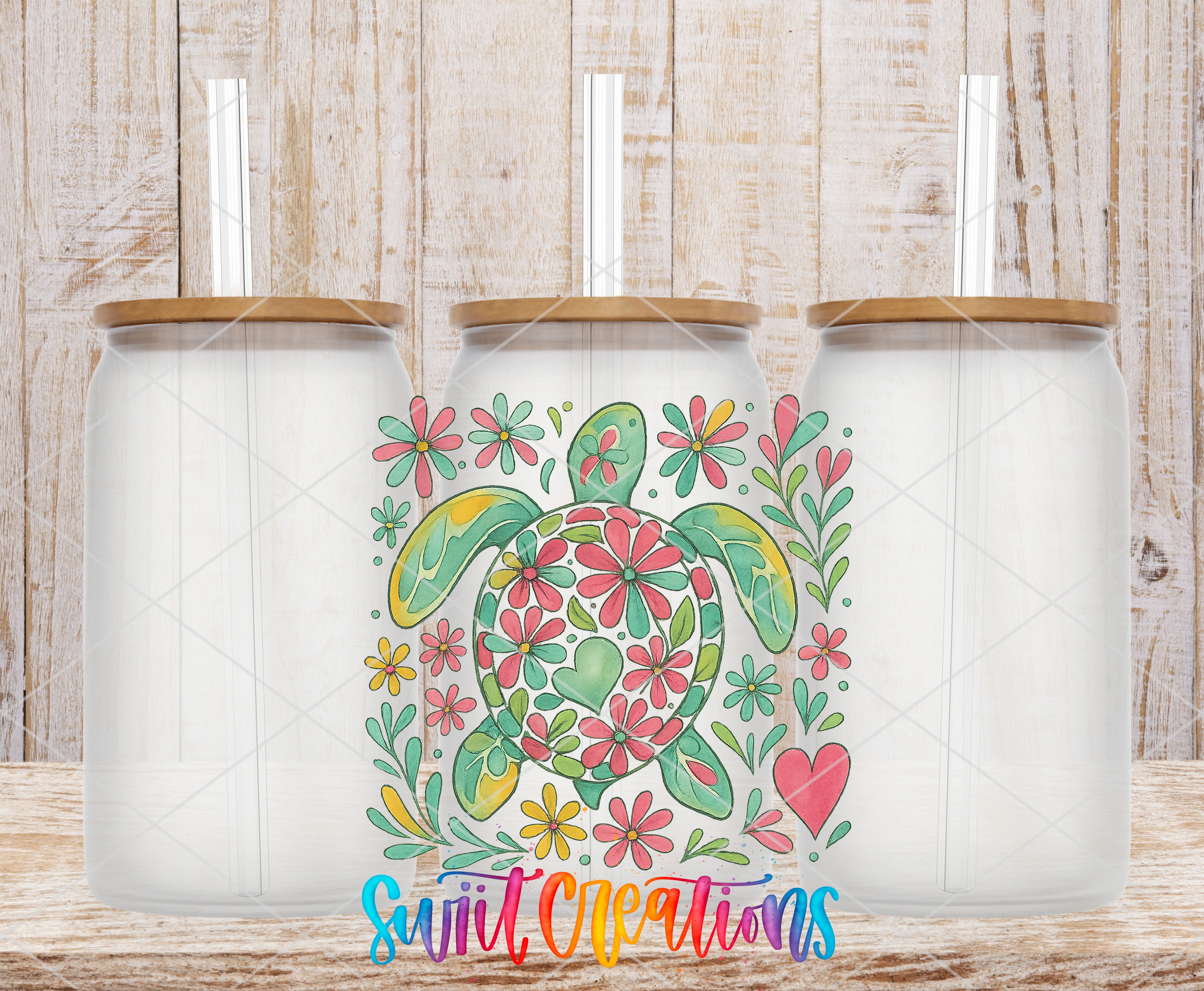 A colorful illustration of a turtle surrounded by flowers and leaves, with a straw sticking out of each jar. The text "Sweet Creations" is displayed in the bottom right corner of the image.