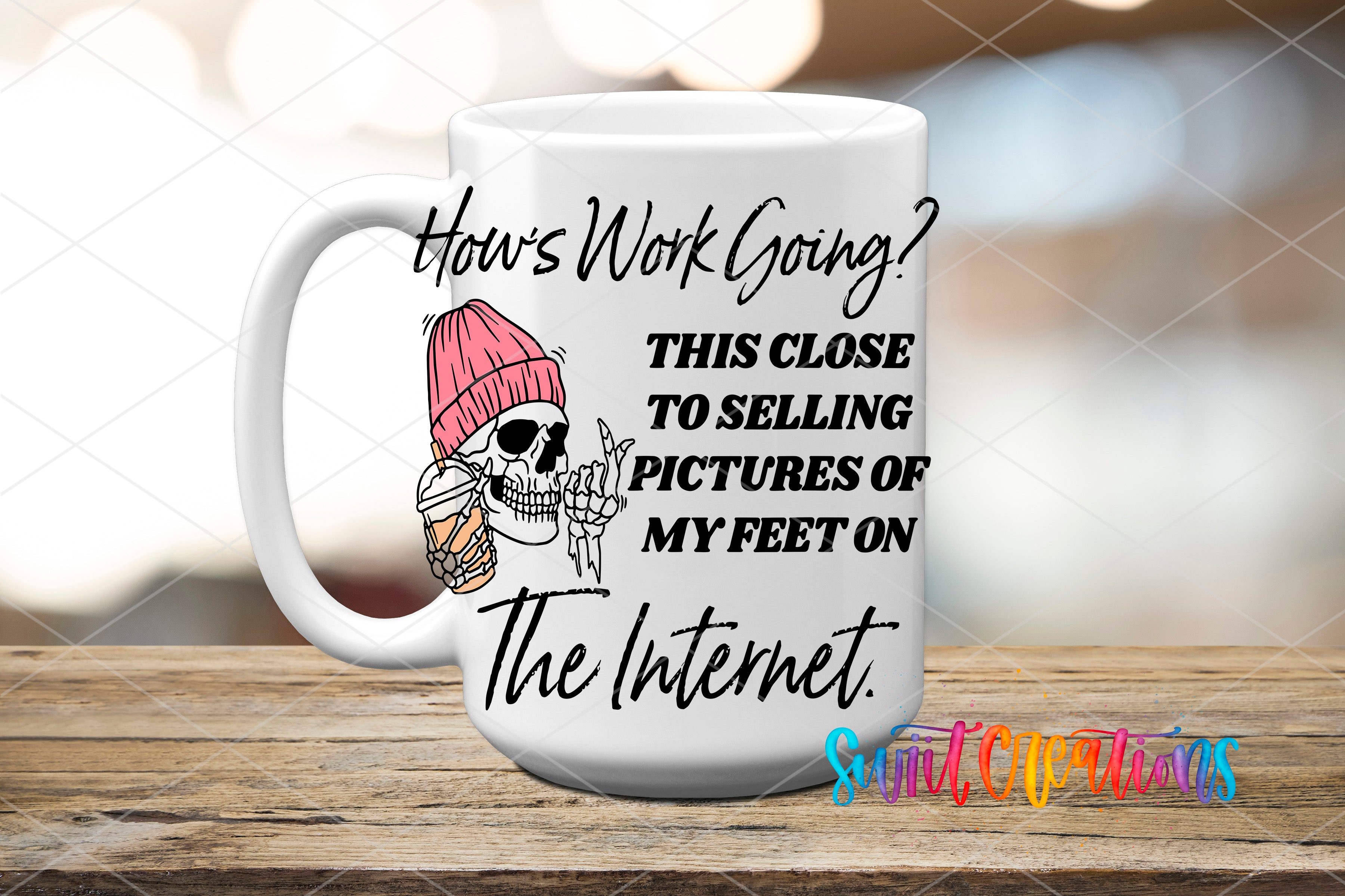 A white coffee mug with a humorous text and graphic design on it.
