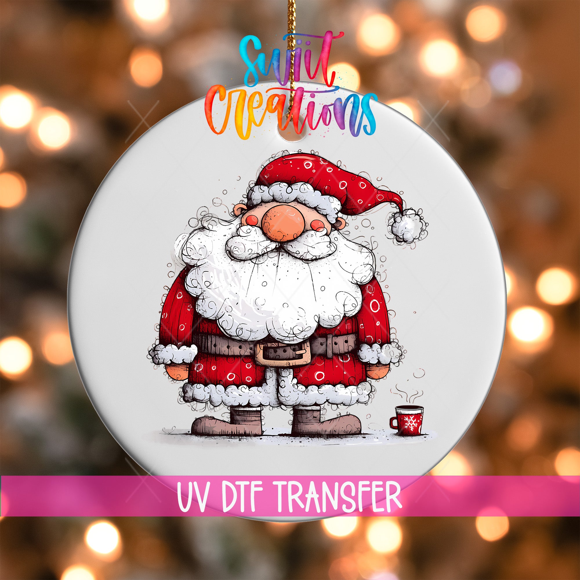 A round ornament featuring a cartoon Santa Claus figure with a cup of hot chocolate, set against a background of colorful lights.