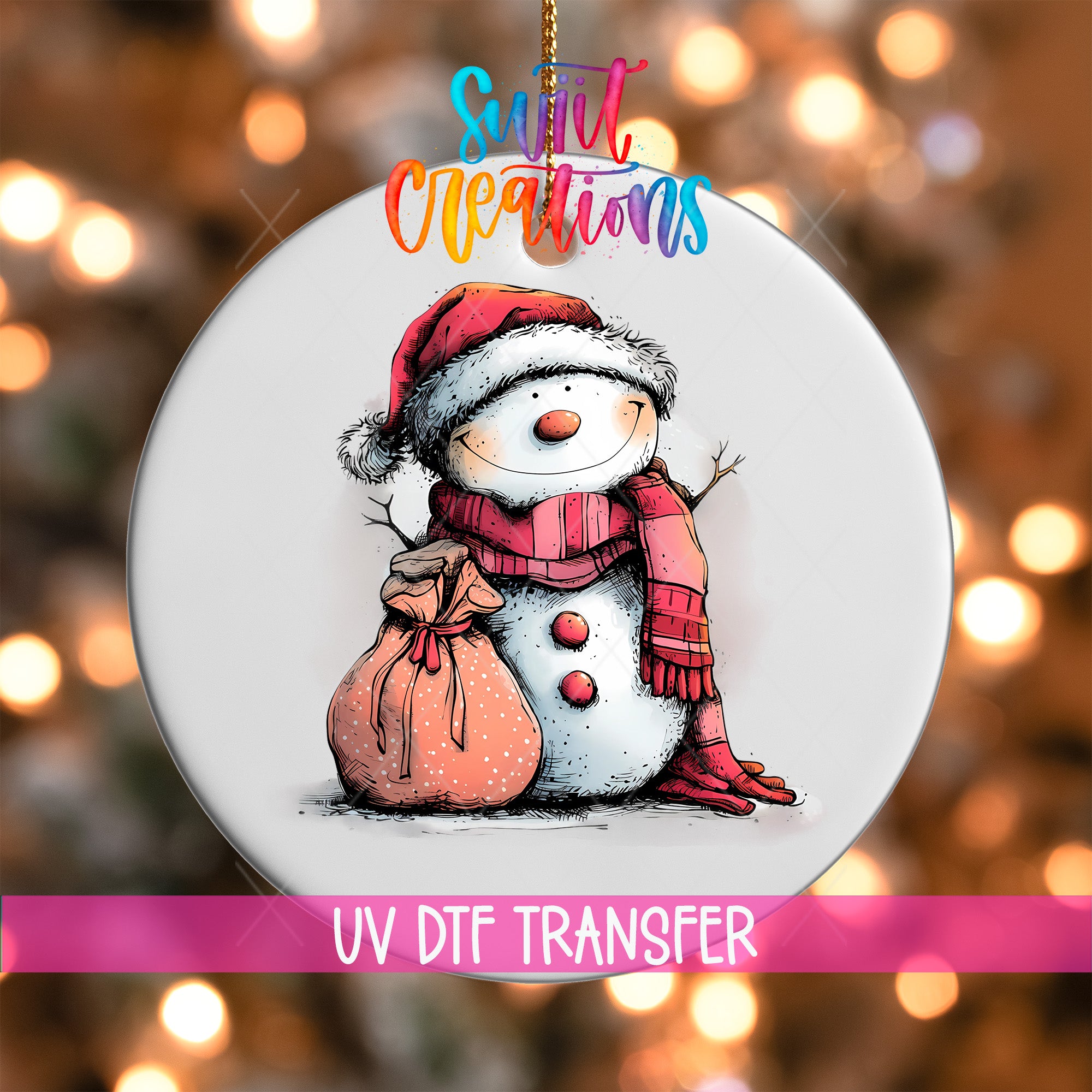 A snowman ornament with a red scarf and hat, holding a bag, is displayed against a background of colorful lights.