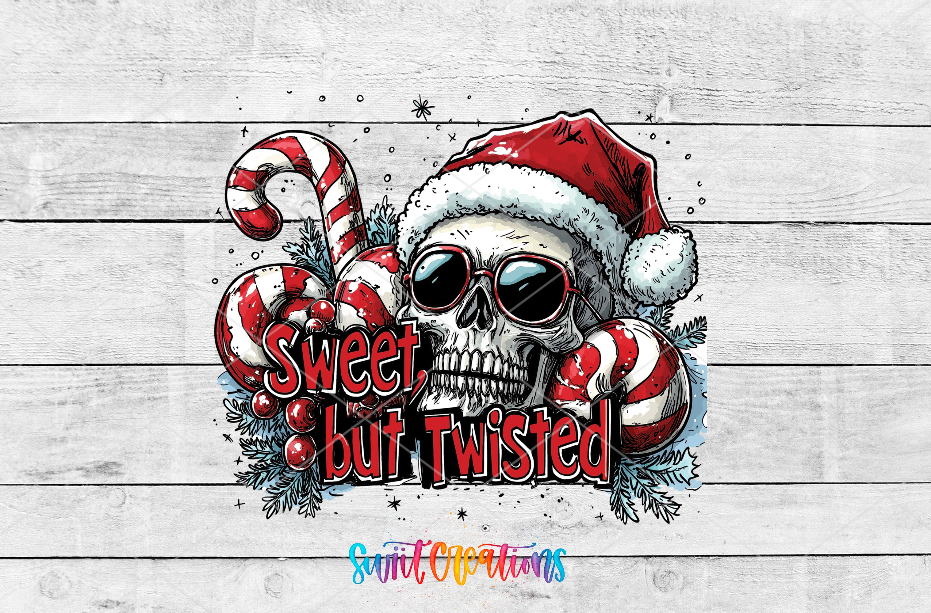 A skull wearing a Santa hat and sunglasses, surrounded by candy canes and other festive elements, with the text "Sweet but Twisted" displayed prominently.
