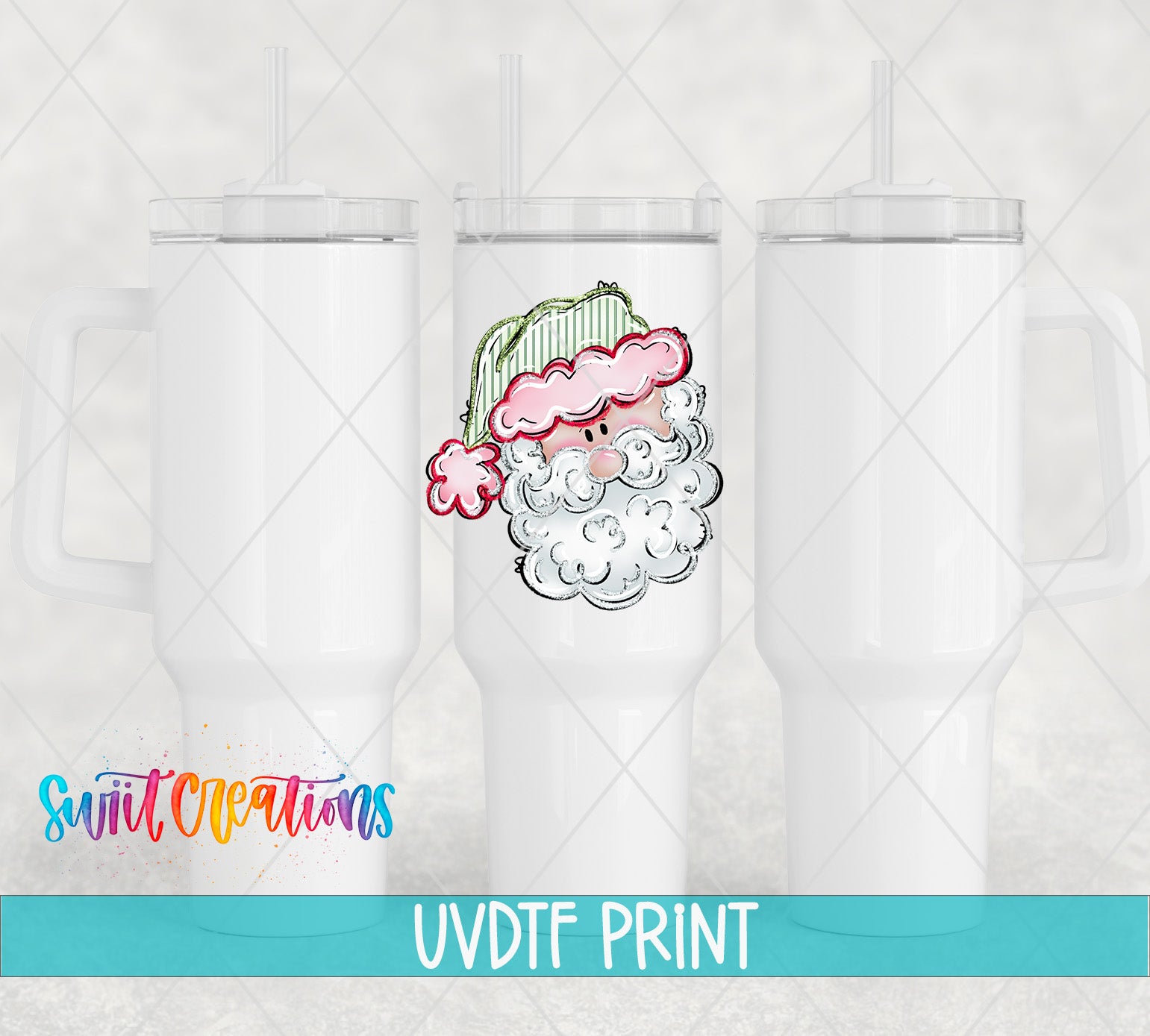three white tumblers with a Santa Claus design printed on them.