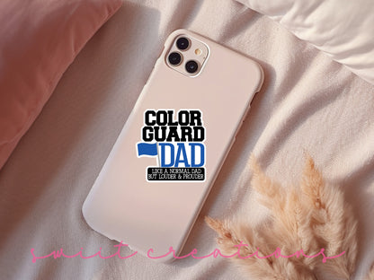 a white iphone case with the words color guard dad on it